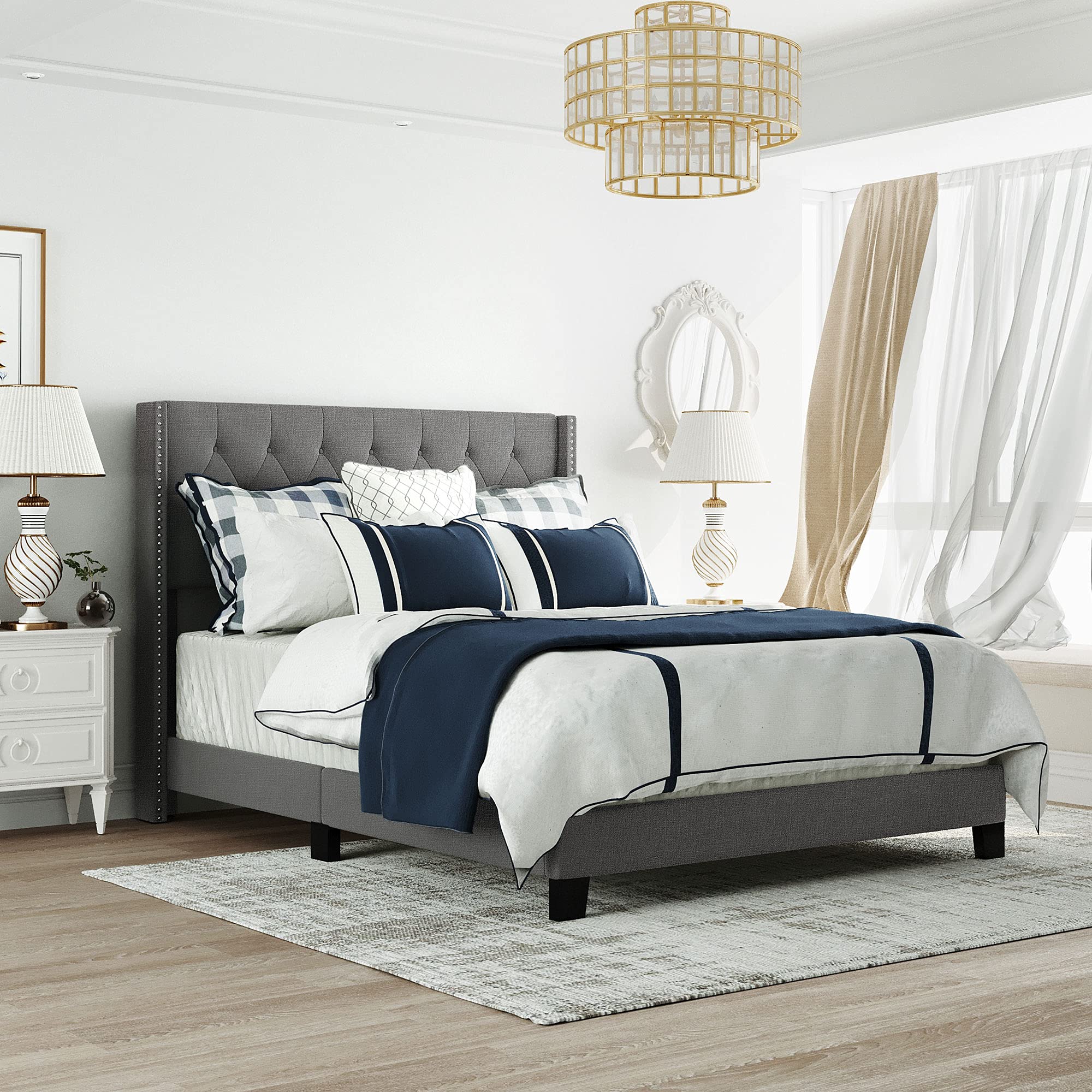 SFGJ Grey Upholstered Queen Platform Bed Frame with Classic Headboard - No Box Spring Needed, Sturdy Support for Kids & Teens Bedroom, Durable Fabric Upholstery for Comfortable Sleep