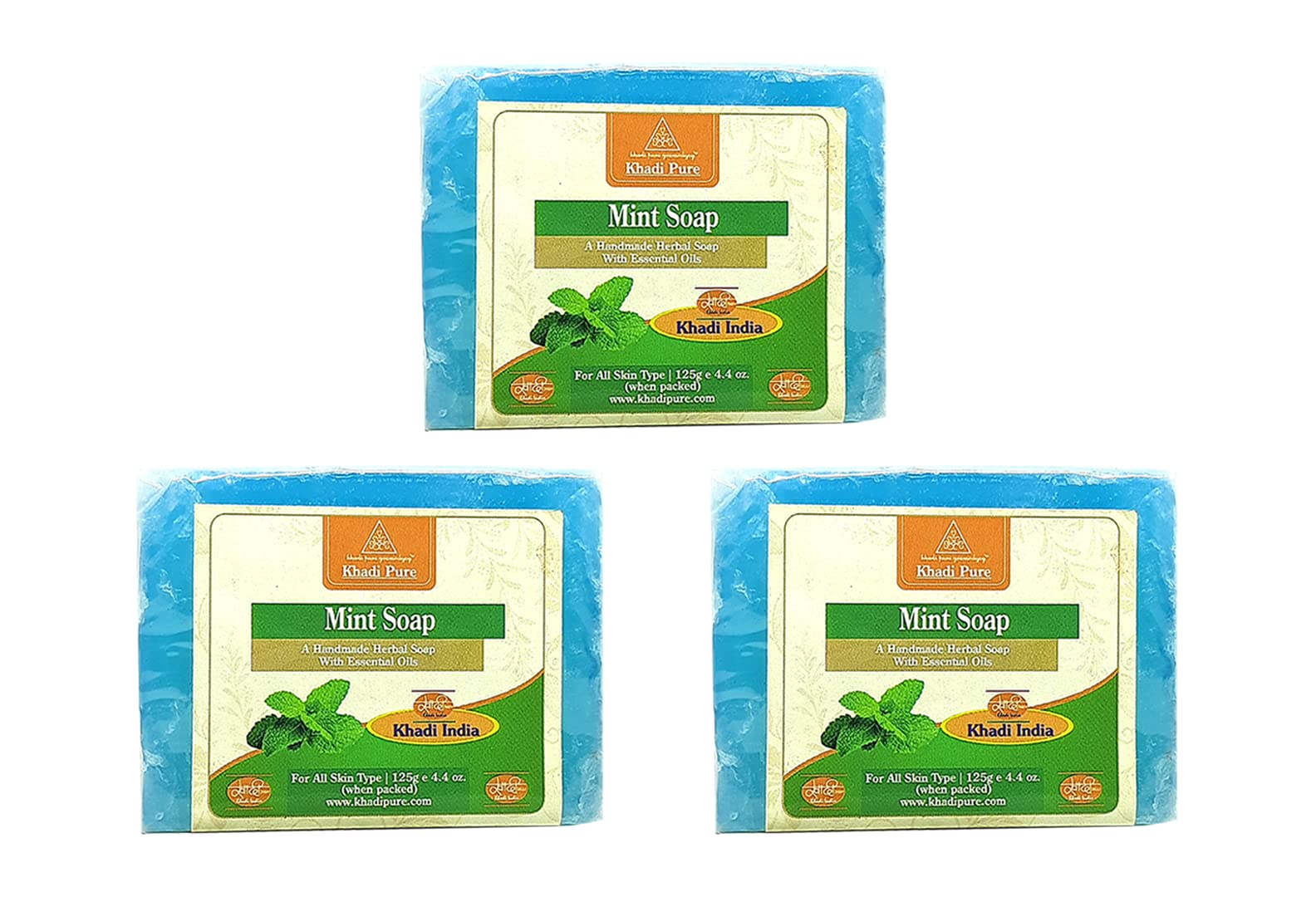 Khadi Pure Herbal Mint Soap for Face & Body - 125g (Pack of 3) | Natural Blue Soap with Cooling Mint | Refreshing for Summer & Daily Skincare
