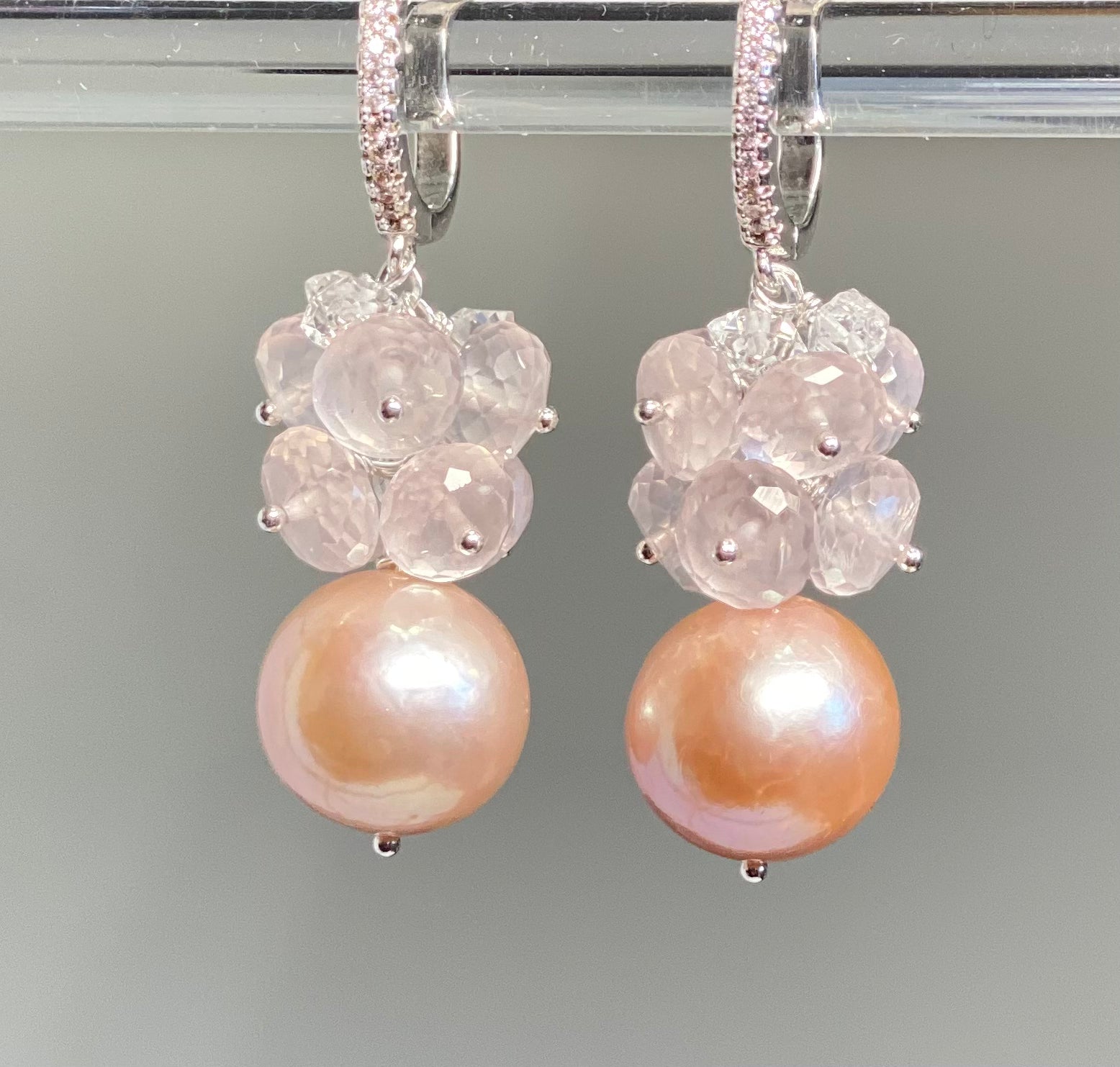 Round Pink Pearl Earrings with Rose Quartz Clusters - Elegant Dangle Earrings for Women, Perfect for Weddings, Parties & Special Occasions