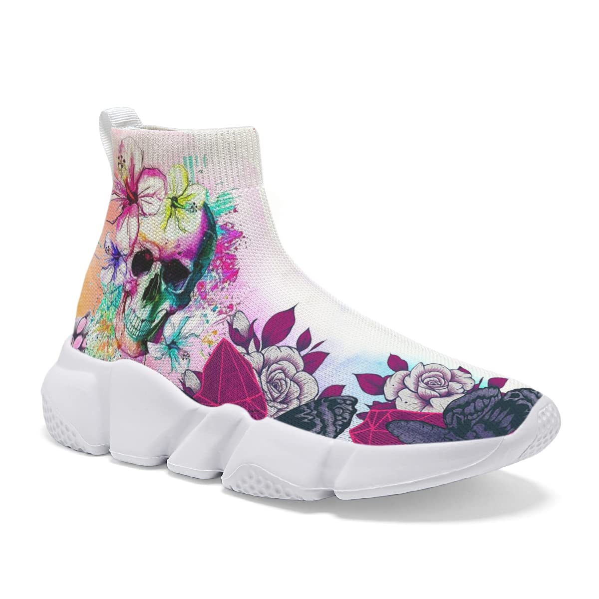 Hetios Women's Fashion Skull Print Slip-On Sneakers - Breathable Knit Running Shoes for Jogging, Walking & Casual Wear - White Athletic Shoes for Women - Perfect for Gym, Workout & Daily Outfits