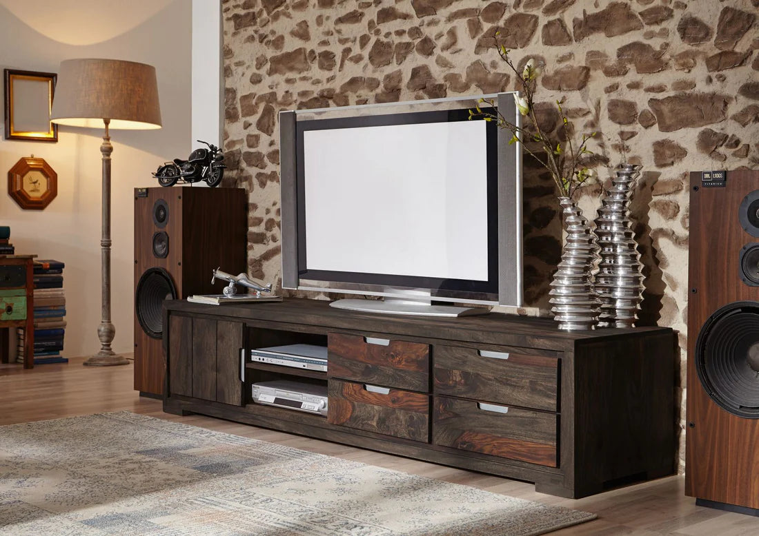 Gfine Solid Sheesham Wood TV Stand with Single Door & 4 Drawers - 172x40x48Cm Modern Entertainment Center for Living Room, Bedroom & Home Theater