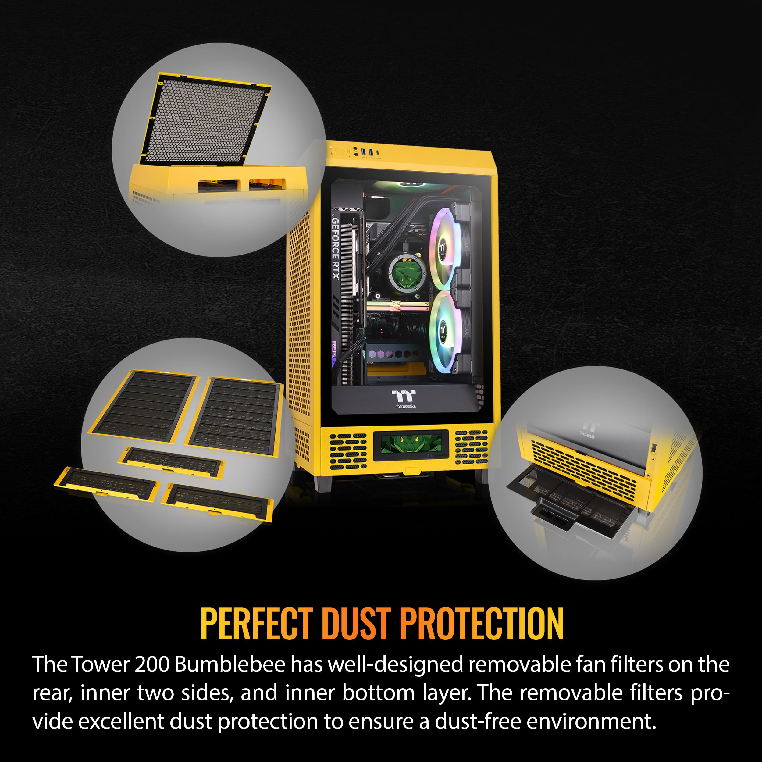 Thermaltake Tower 200 Mini-ITX PC Case - Compact Gaming Computer Case with 2x140mm Pre-Installed CT140 Fans, Supports GPU Up to 380mm (Bumblebee Yellow) - Perfect for Small Form Factor Builds, Home Office & Gaming Setups