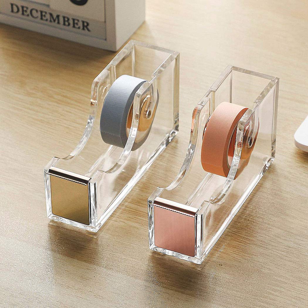Clear Acrylic Tape Dispenser - Single Hand Tape Dispenser with Rose Gold Finish for Office & Home Use | Modern Desktop Tape Holder for Crafts, Packaging & Organization