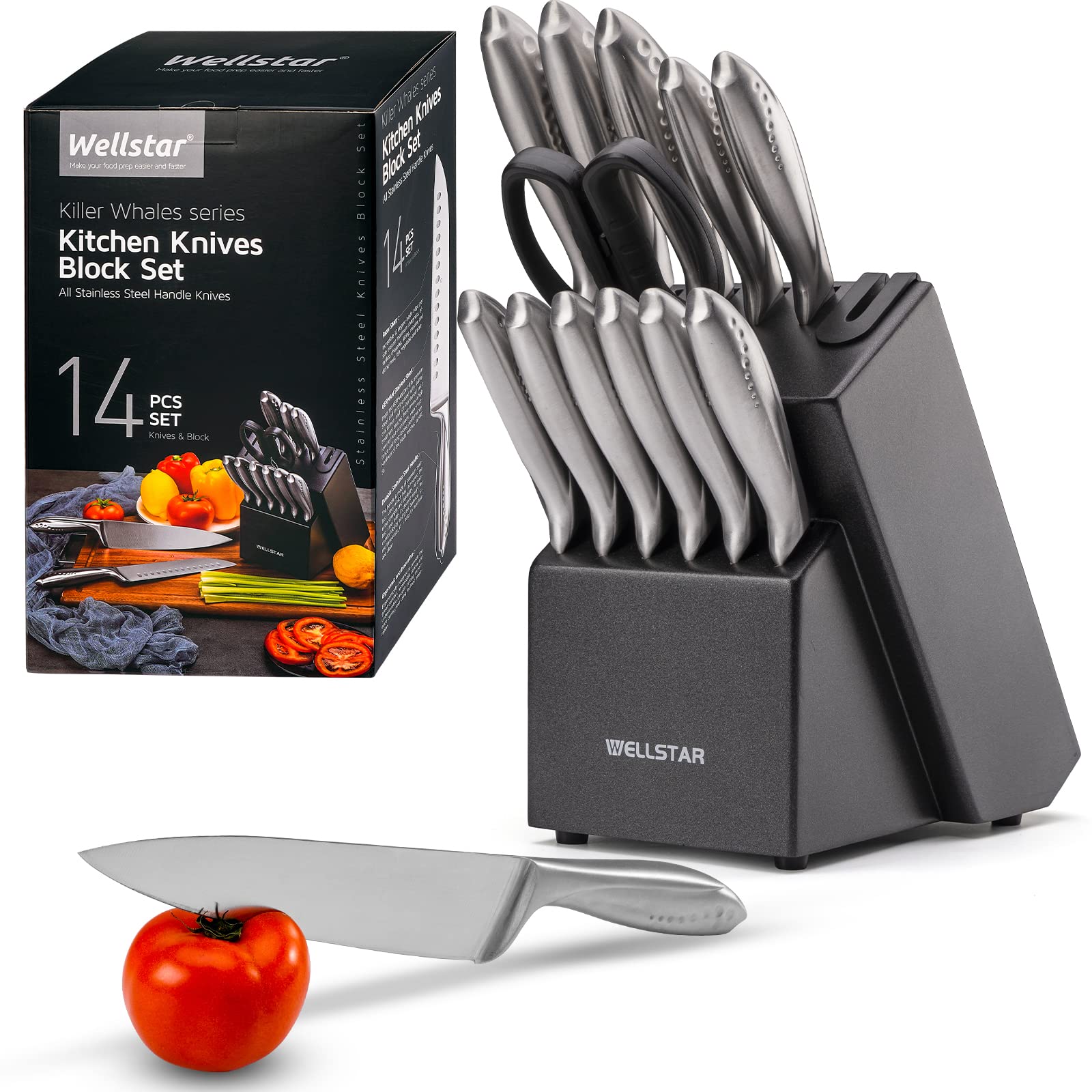 WELLSTAR 14-Piece German Stainless Steel Knife Set with Wooden Block - Ultra Sharp Kitchen Knives, Durable All Stainless Steel Handle, Includes Chef Knife, Scissors & Built-in Sharpener - Perfect for Home Cooking, Professional Chefs & Gift Giving