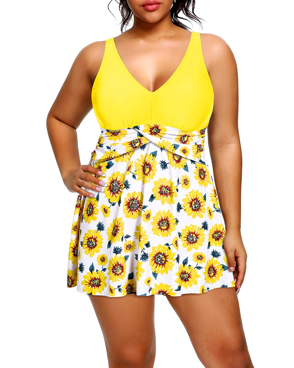 Holipick Plus Size Swim Dress for Women - V Neck One Piece Swimsuit with Skirt Tummy Control Bathing Suit | Beach Vacation, Pool Party, Water Aerobics