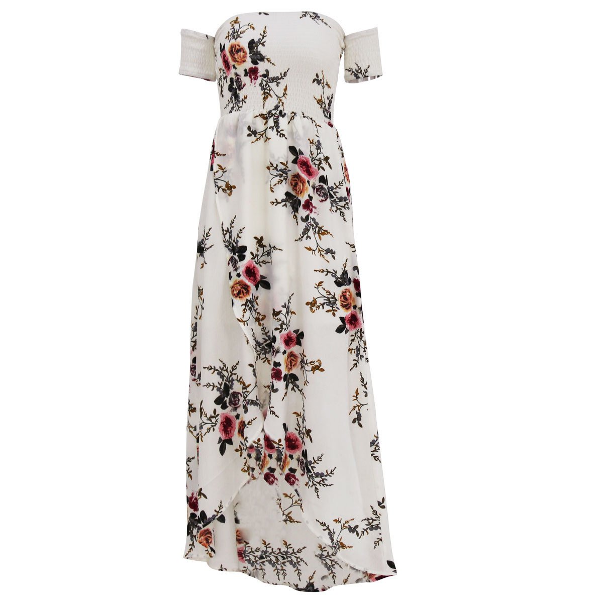 SVALIY Women's Floral Off-The-Shoulder Split Chiffon Maxi Dress - Beach Wedding Party Guest Dress for Summer Vacation, Bridal Shower & Tropical Getaway