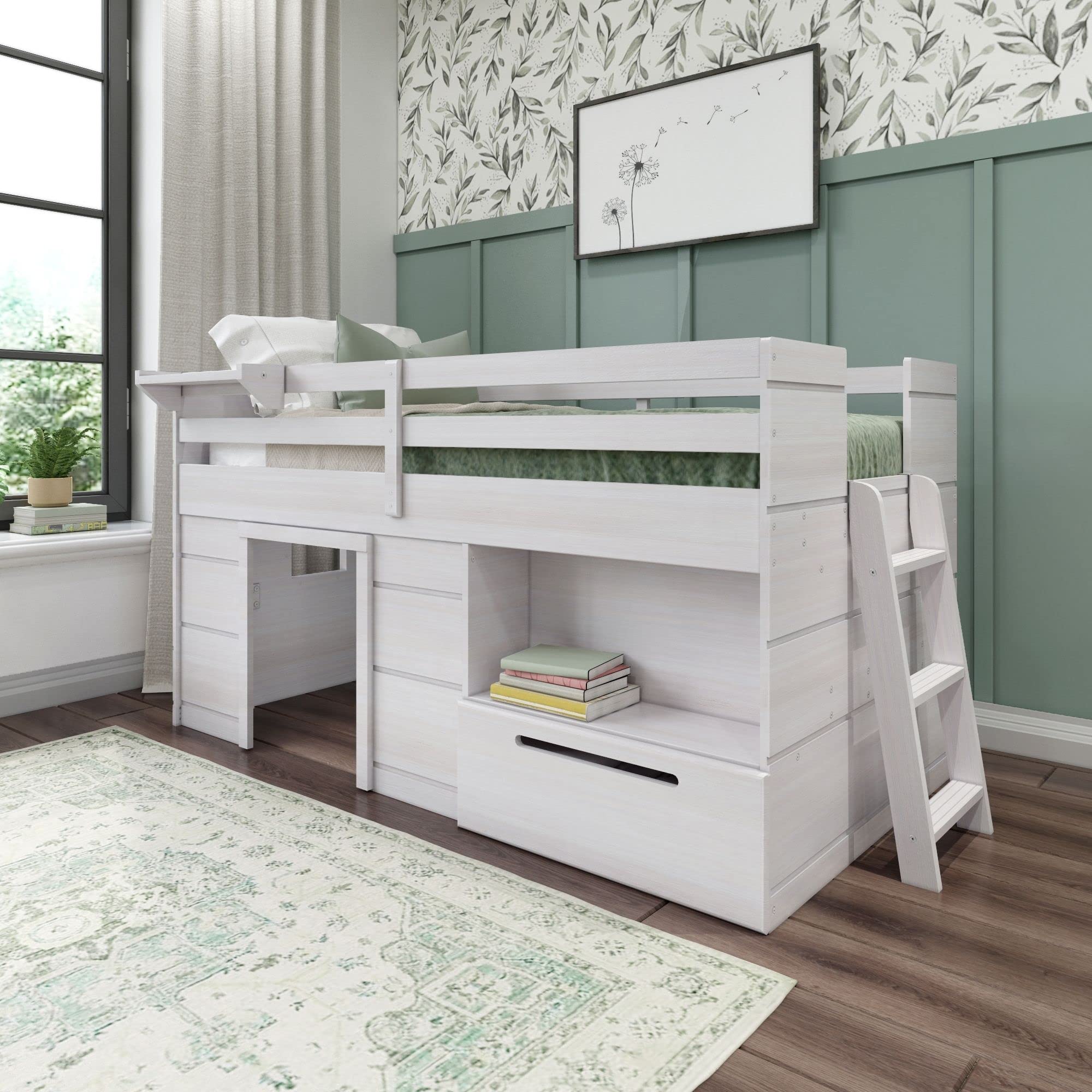 Max & Lily Twin Size Solid Wood Low Loft Bed with Storage Drawer & Ladder - Modern Farmhouse Kids Bedroom Furniture (White Wash) - Perfect for Small Spaces & Sleepovers