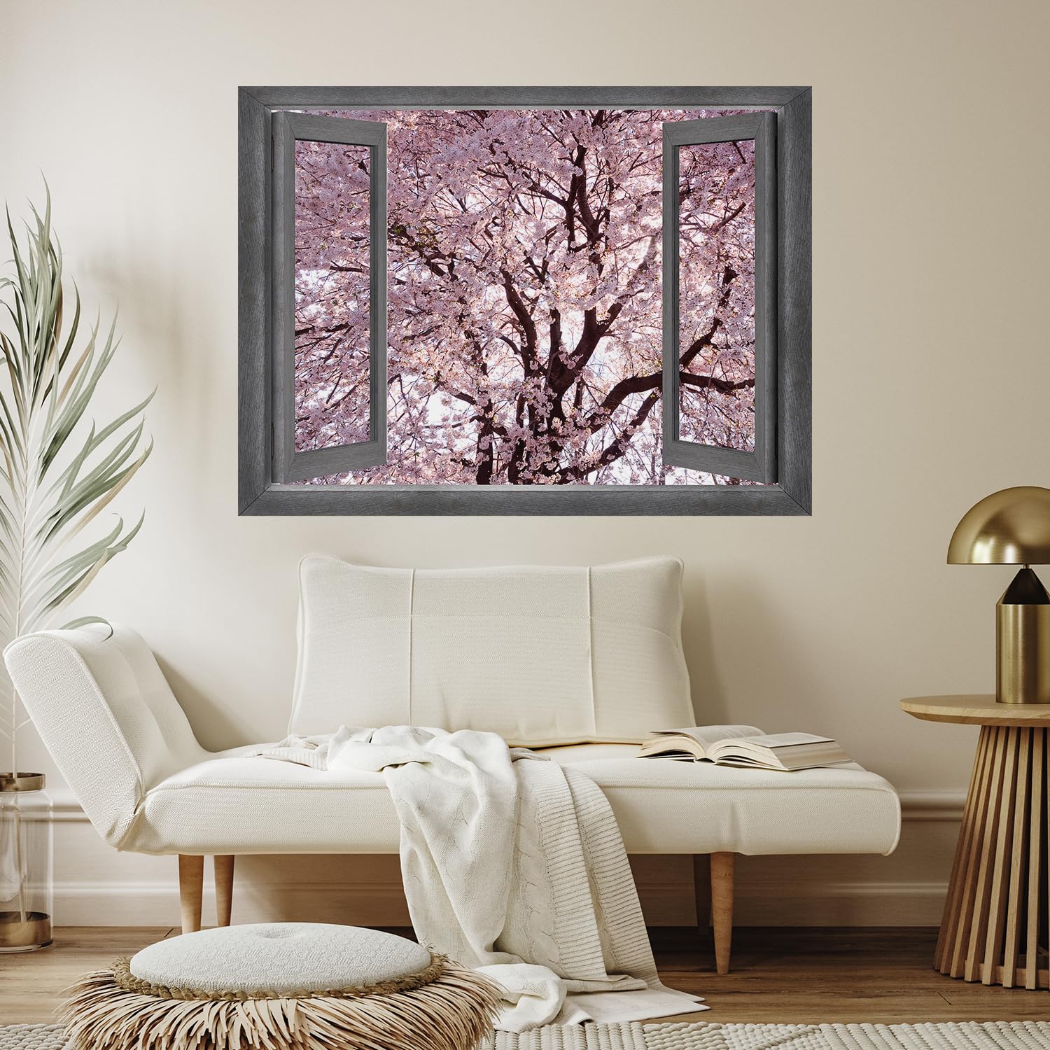 Wall26 - Open Window Cherry Blossom Forest Wall Mural - 36x48 Inch Removable Peel & Stick Wallpaper - Nature Inspired Home Decor for Living Room, Bedroom & Office