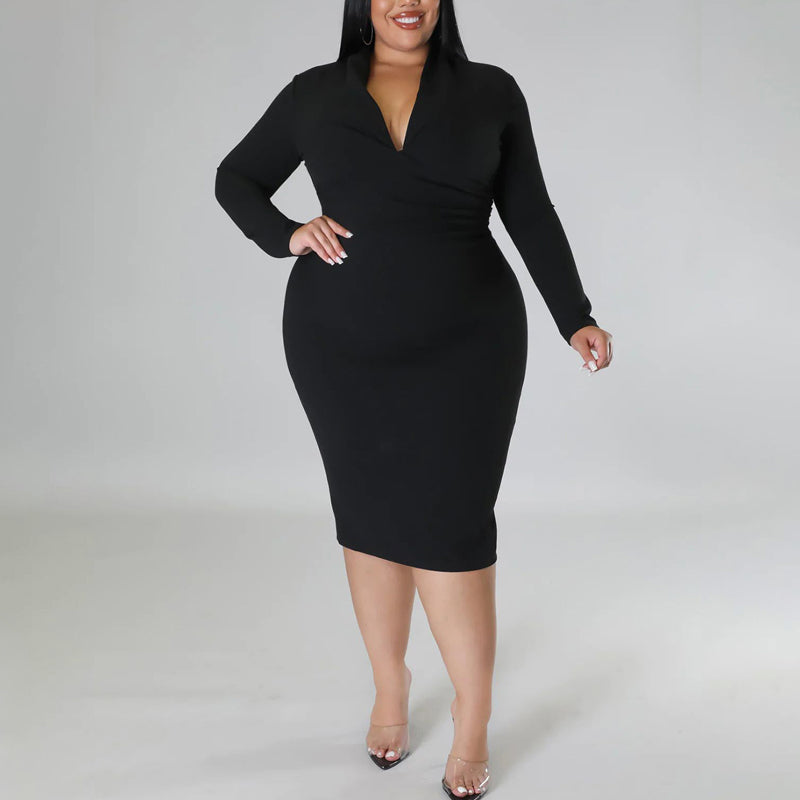 Solid Color Long Sleeve Zip-Up V-Neck Dress for Women | Elegant Casual & Office Wear | Perfect for Work, Date Night & Special Occasions