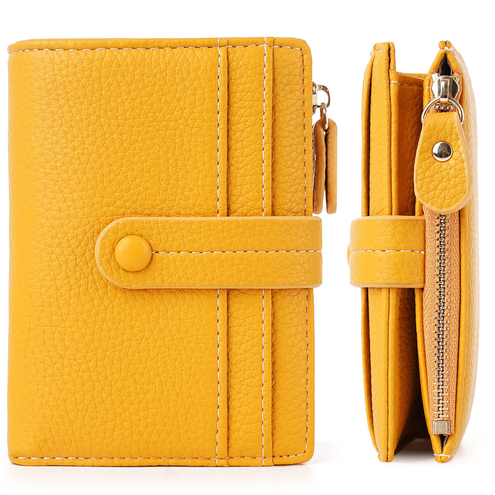 HKCLUF RFID Blocking Leather Wallet for Women - Bifold Zipper Coin Purse with ID Window (Yellow) | Perfect for Travel & Daily Use