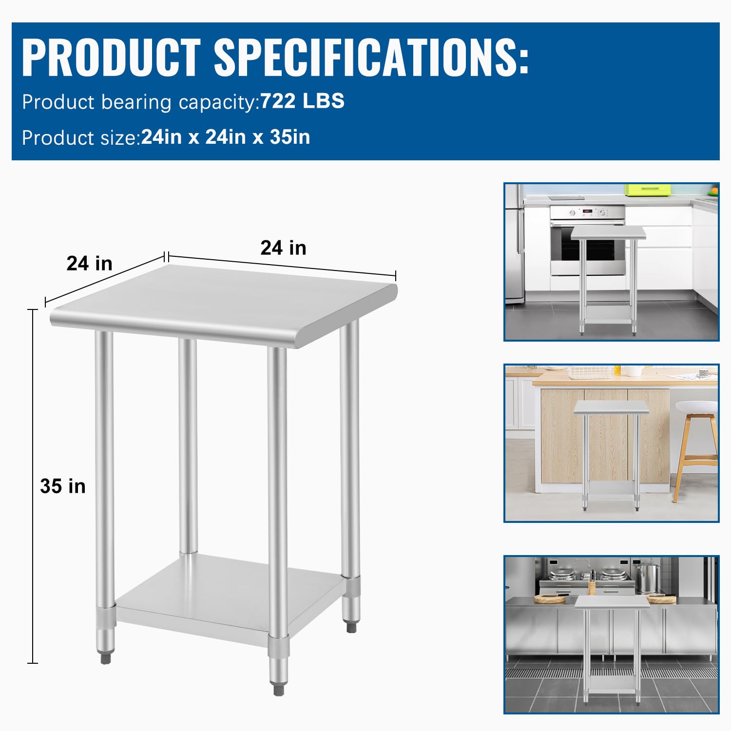 Stainless Steel Commercial Work Table - 24x24 Inch Scratch-Resistant Metal Kitchen Prep Table with Adjustable Feet for Home, Restaurant & Food Service - Ideal for Cooking, Baking & Food Preparation