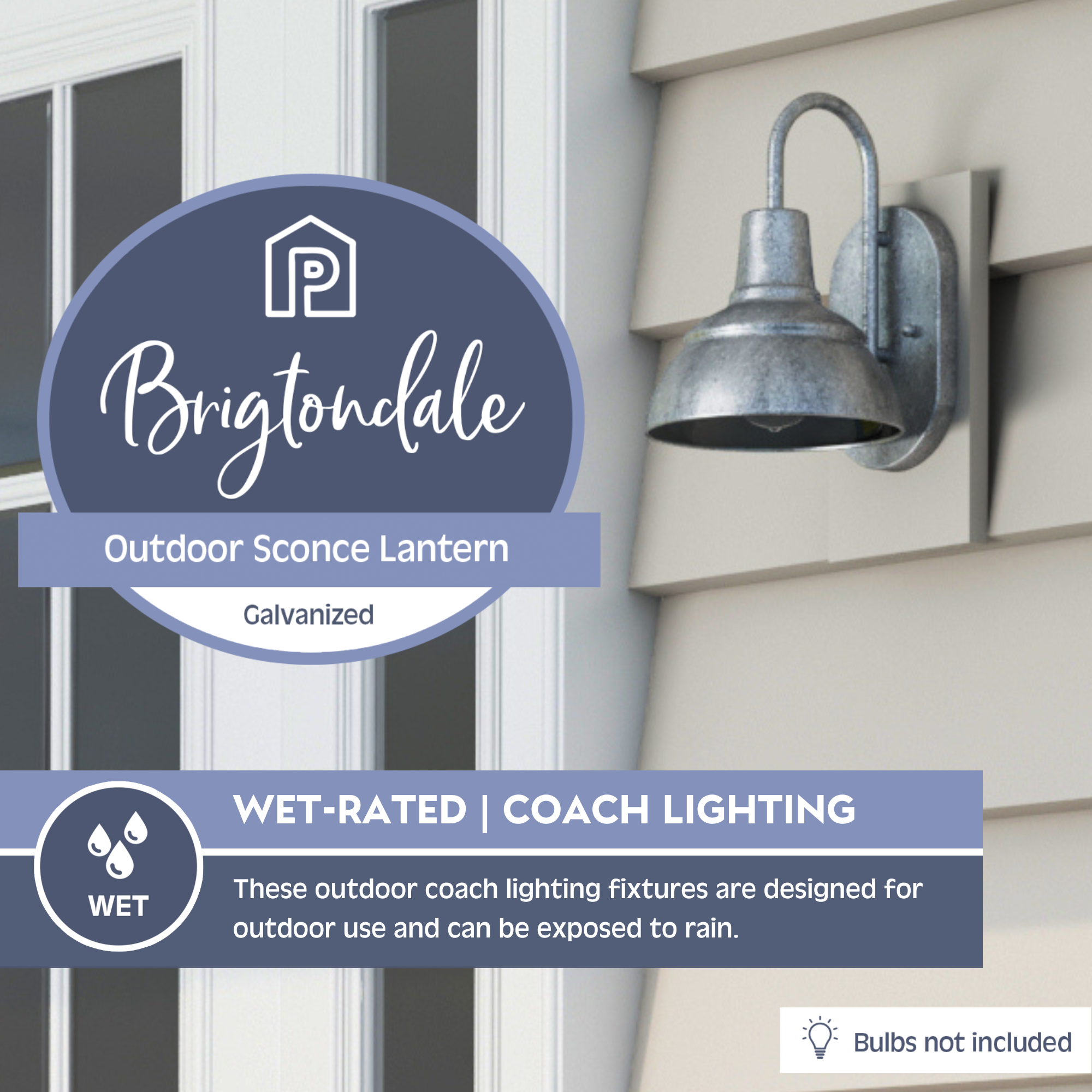 Brightondale Galvanized Wet Rated Outdoor Coach Light - Durable Weatherproof Exterior Wall Sconce for Porch, Garage & Garden Lighting