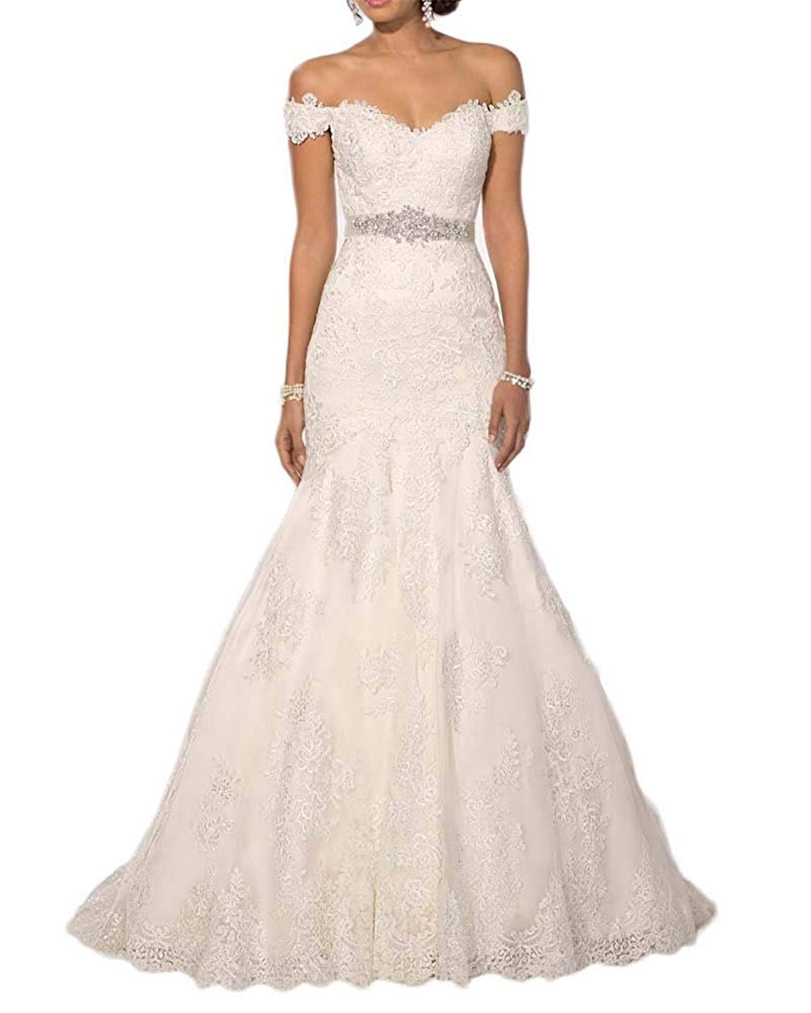 Elegant White Lace Mermaid Wedding Dress for Women - Off Shoulder Formal Bridal Gown Size 8 | Perfect for Beach Weddings, Vow Renewals & Romantic Photoshoots