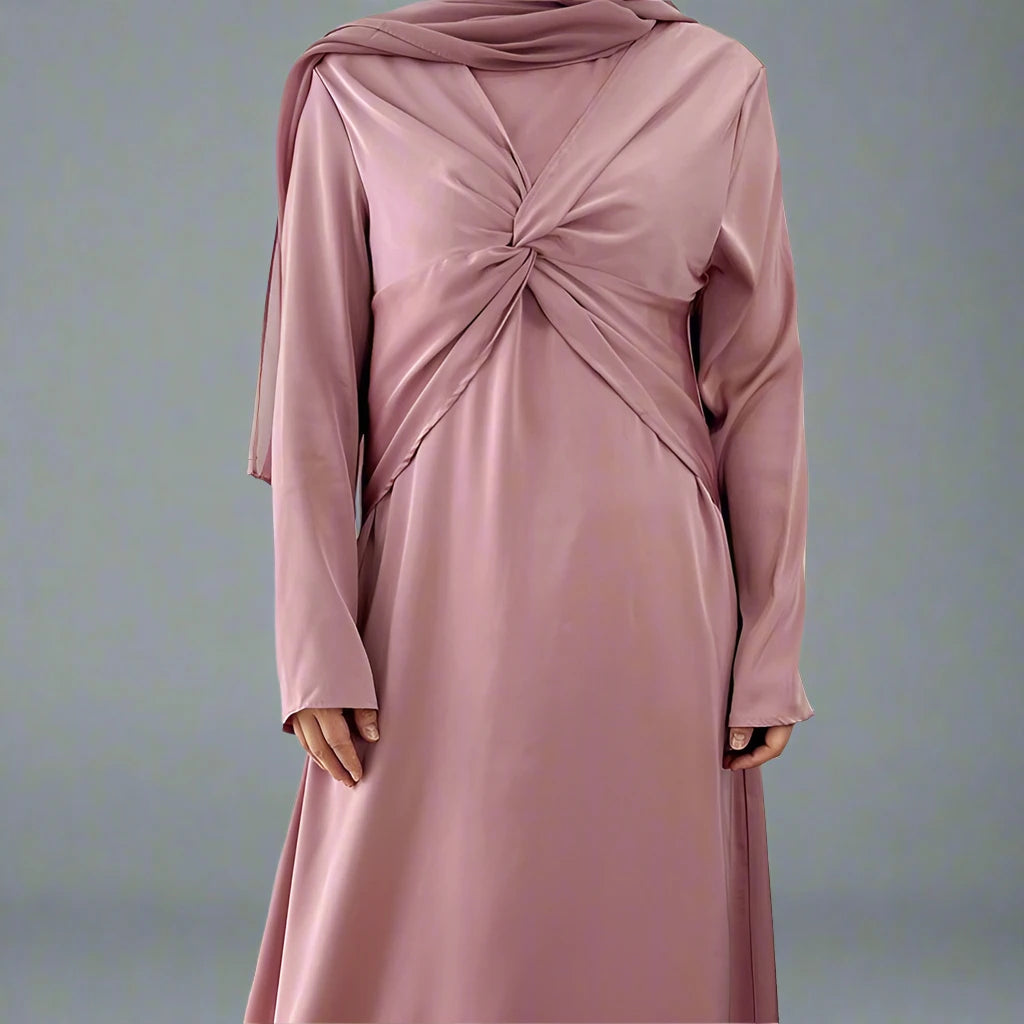 3-Piece Satin Open Abaya Dress Set for Muslim Women - Elegant Prayer Dress for Mosque, Eid & Special Occasions