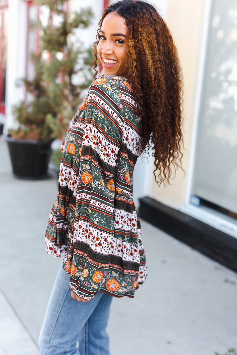 Beautiful You Green Floral Stripe Woven Blouse - Women's Fashion Top for Spring Summer Outfits, Office Wear & Casual Dates