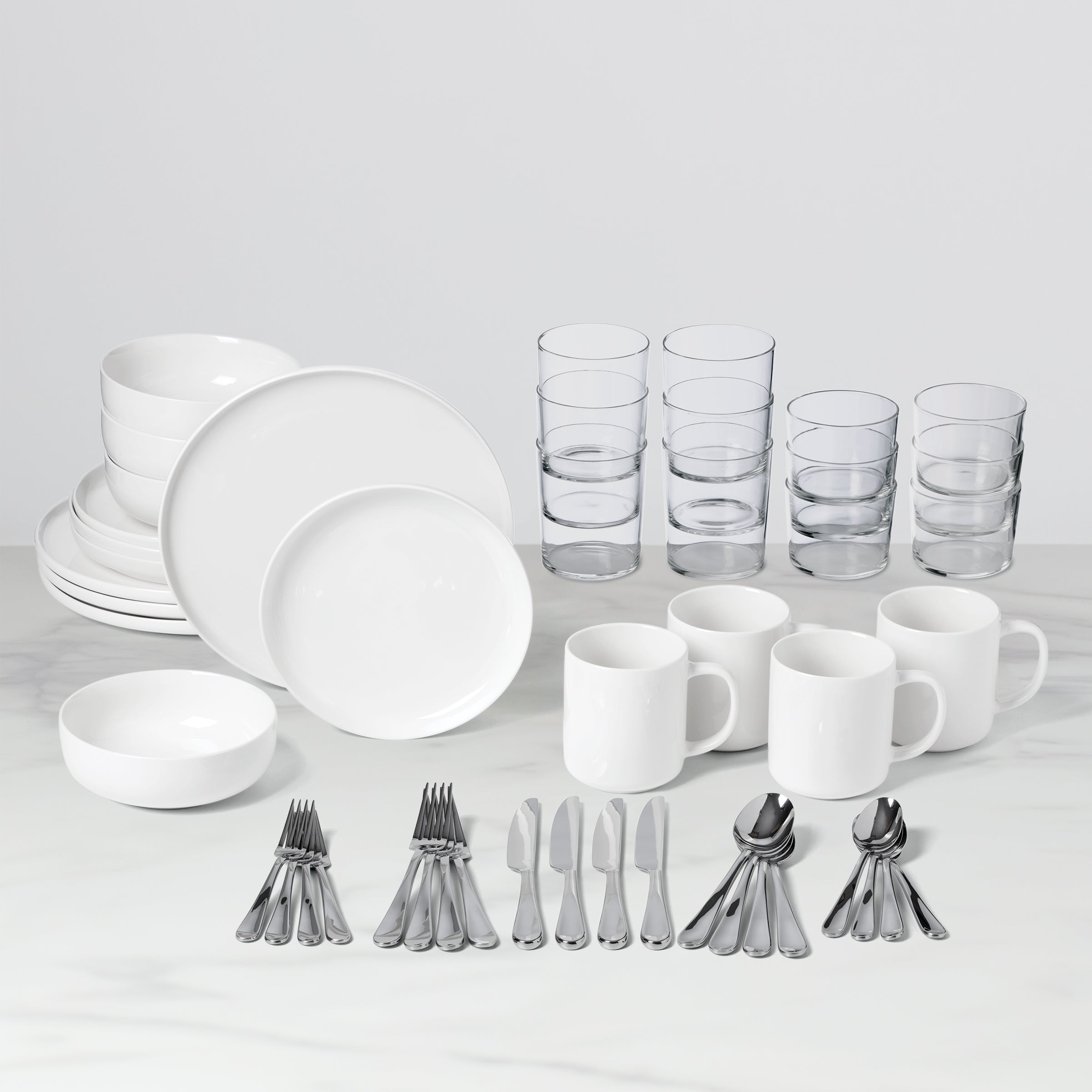 24 Seven 48-Piece Dinnerware Set - Porcelain Tableware Service for 8, Includes Dinner Plates, Salad Plates, Bowls & Mugs - Perfect for Family Dinners, Parties & Restaurant Use