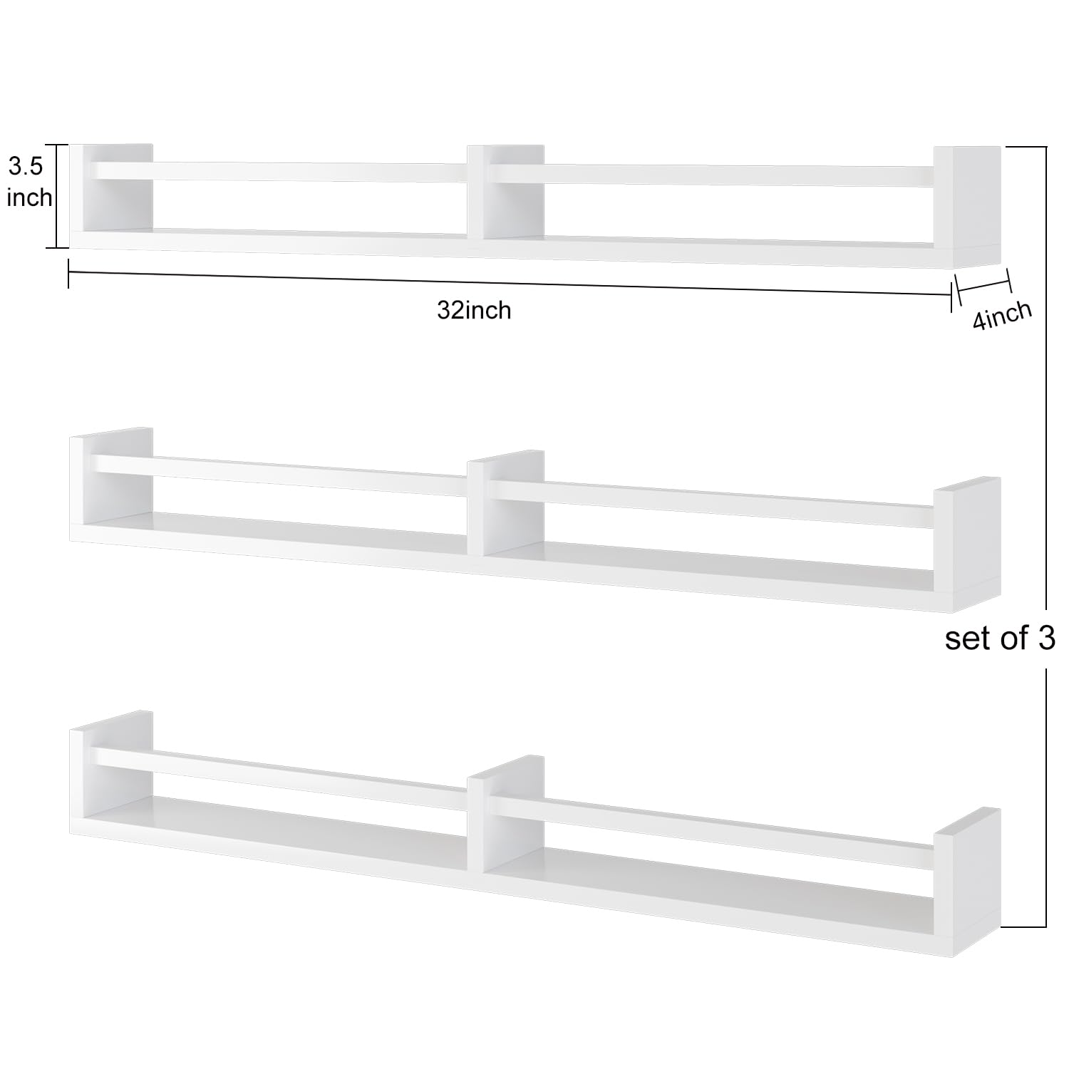 White Nursery Bookshelves 32 Inch - Set of 3 Floating Wall Shelves for Baby Room Decor, Kids Book Storage & Kitchen Spice Rack Organizer - Durable Pine Wood Shelving for Nursery, Bedroom & Kitchen Organization