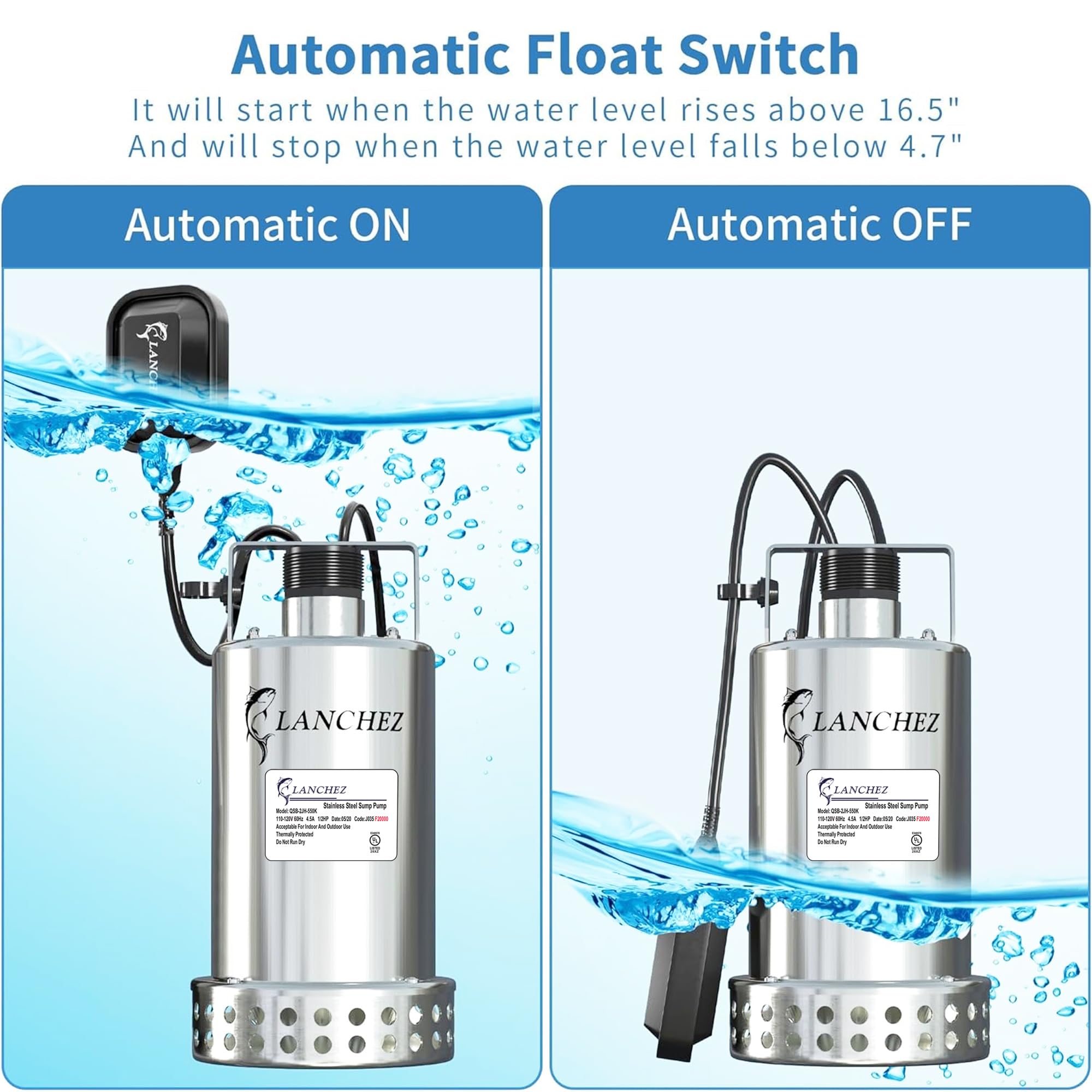 Lanchez 2610GPH Stainless Steel Submersible Sump Pump with Automatic Float Switch - Heavy Duty Portable Water Utility Pump with Copper Wire Motor & 25FT Cord - Ideal for Pool Draining, Pond Maintenance, Basement Flooding, and Emergency Water Removal