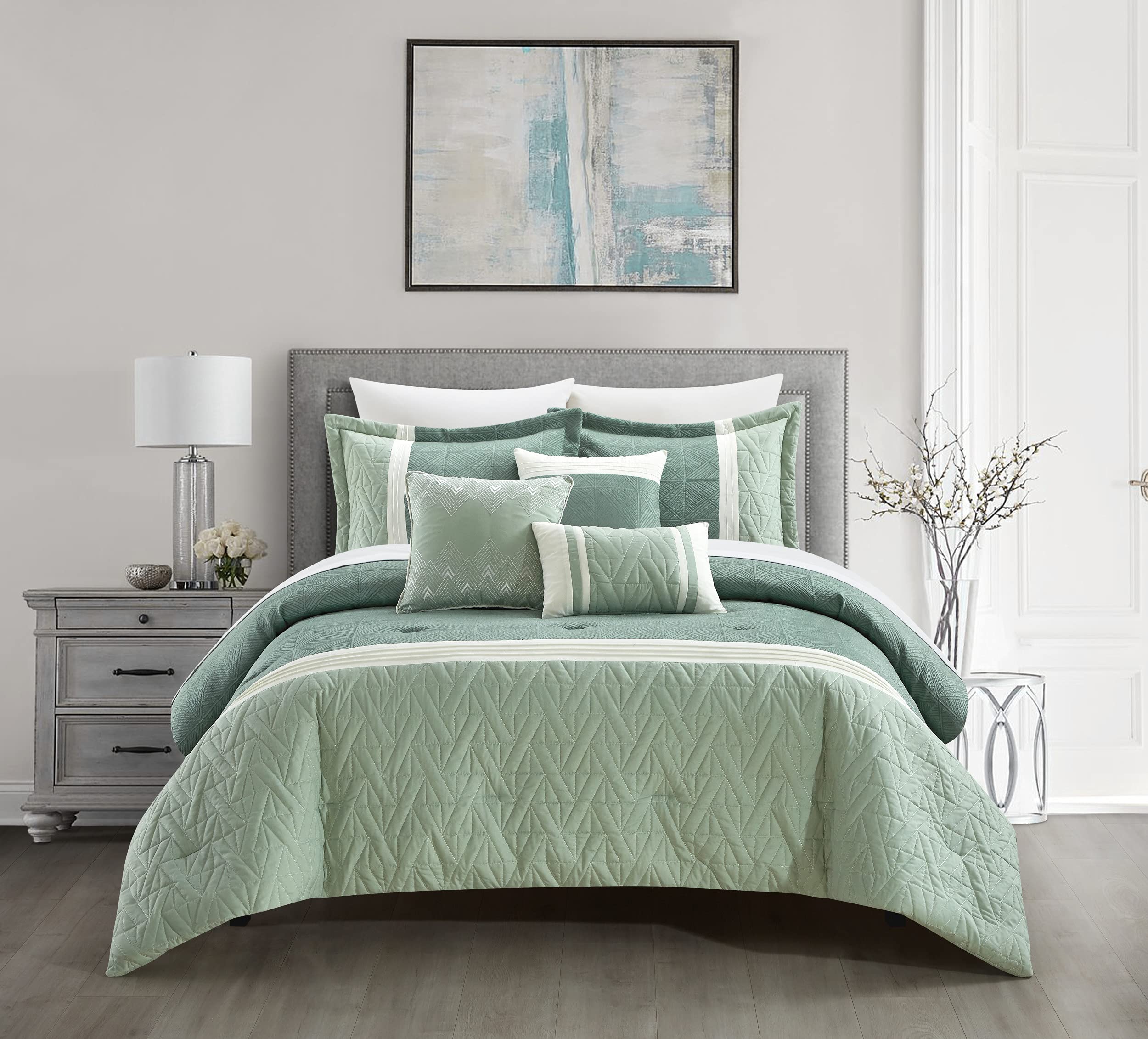 Chic Home Macie 6-Piece Queen Comforter Set - Jacquard Woven Geometric Design with Pleated Quilted Details, Includes Decorative Pillows & Shams, Green | Perfect for Modern Bedroom Decor & Guest Room Styling