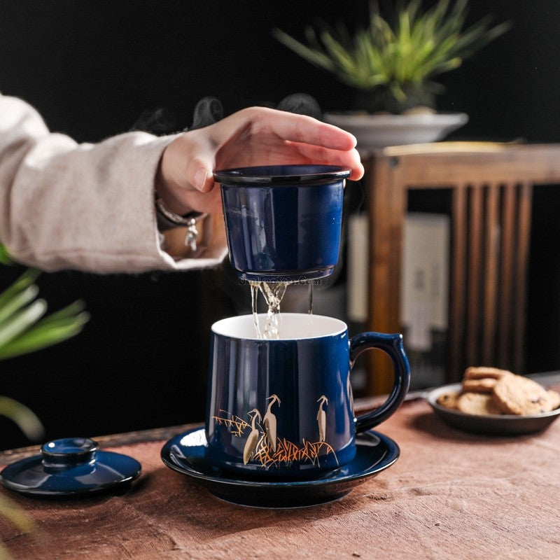 Premium Chinese Blue Floral Ceramic Tea Cup with Removable Infuser - Perfect for Office, Home, or Gift Giving