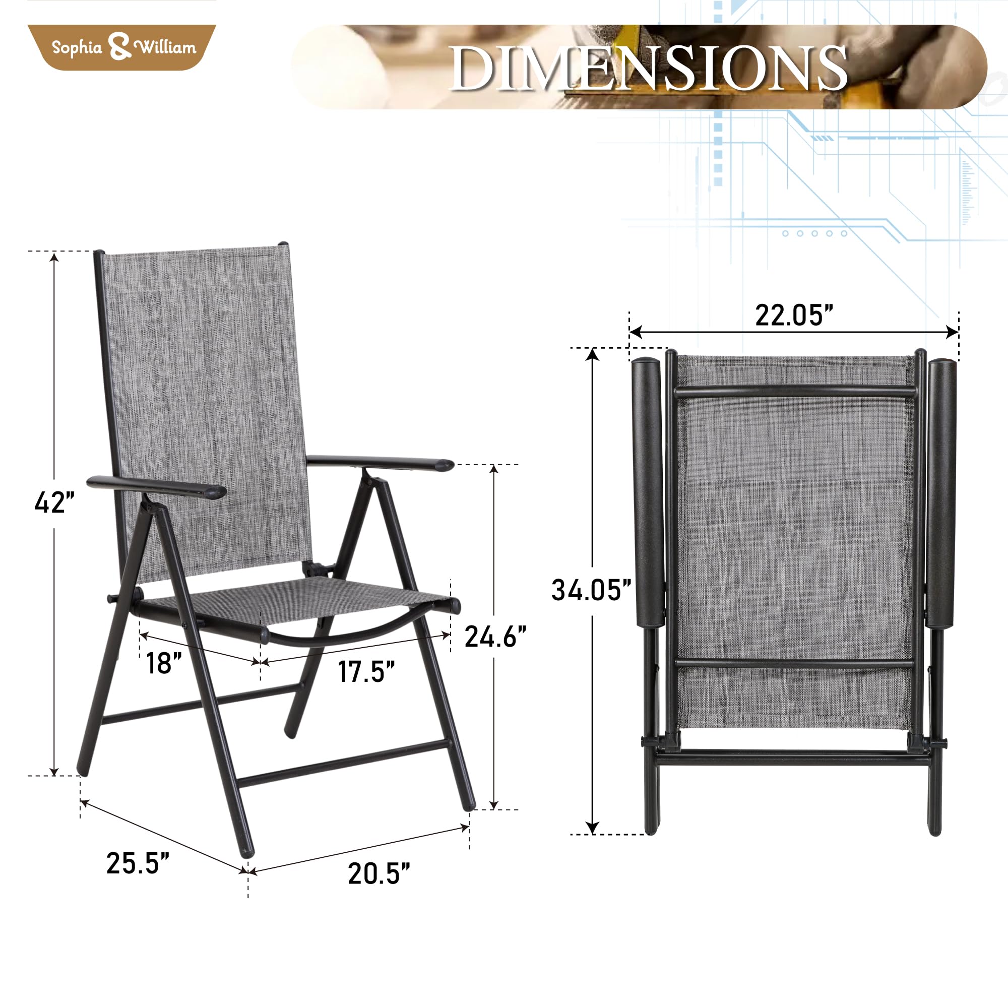 Sophia & William 4-Pack Outdoor Folding Chairs - Adjustable 7-Position Backrest, Lightweight Portable Textilene Patio Dining Chairs (Grey) - Perfect for Backyard BBQs, Beach Trips, Camping & Picnics