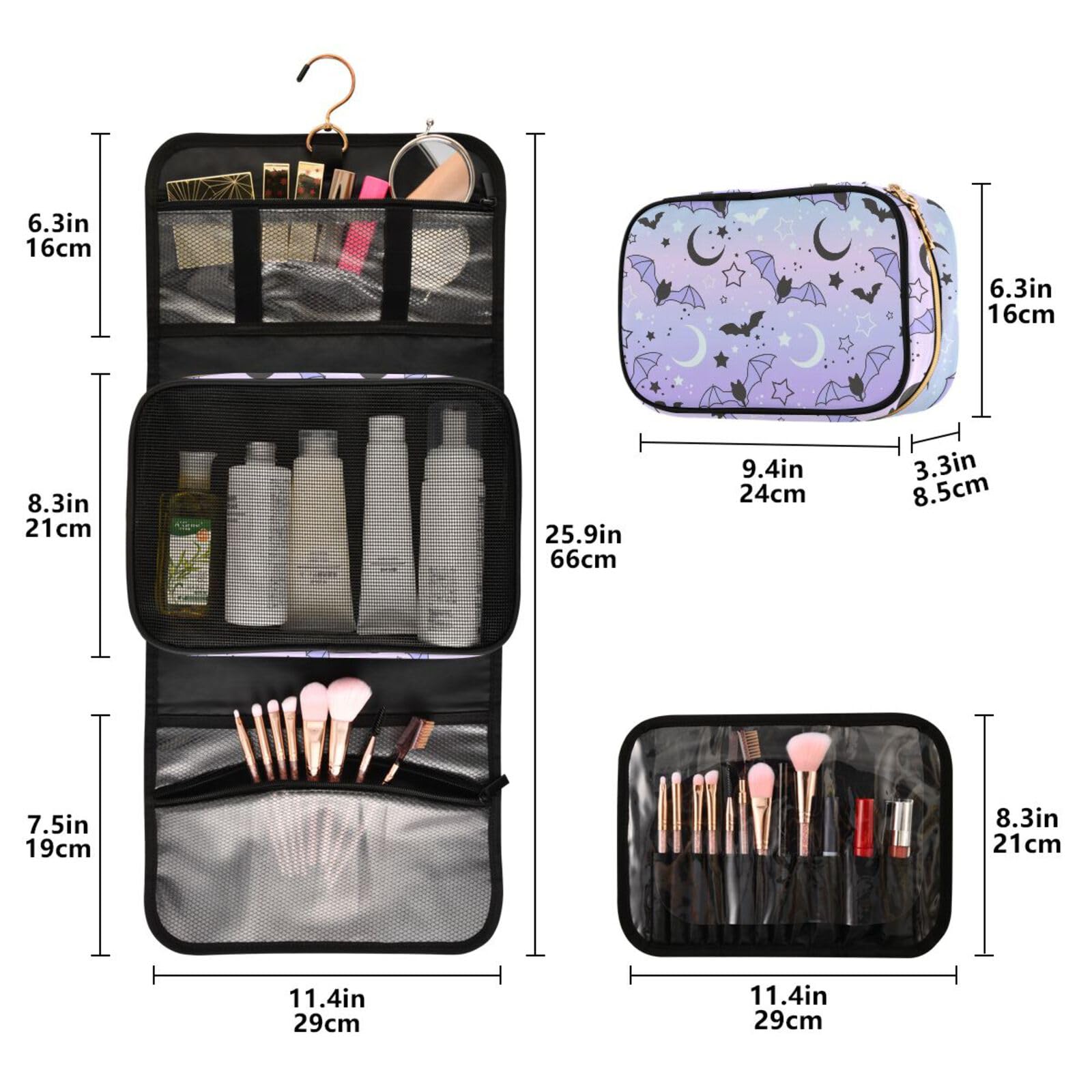MNSRUU Skull Butterfly Black Hanging Toiletry Bag - 3 PCS Travel Makeup Organizer Set, Portable Clear Cosmetic Case for Women & Men | Perfect for Camping, Gym, Business Trips & Vacation Essentials