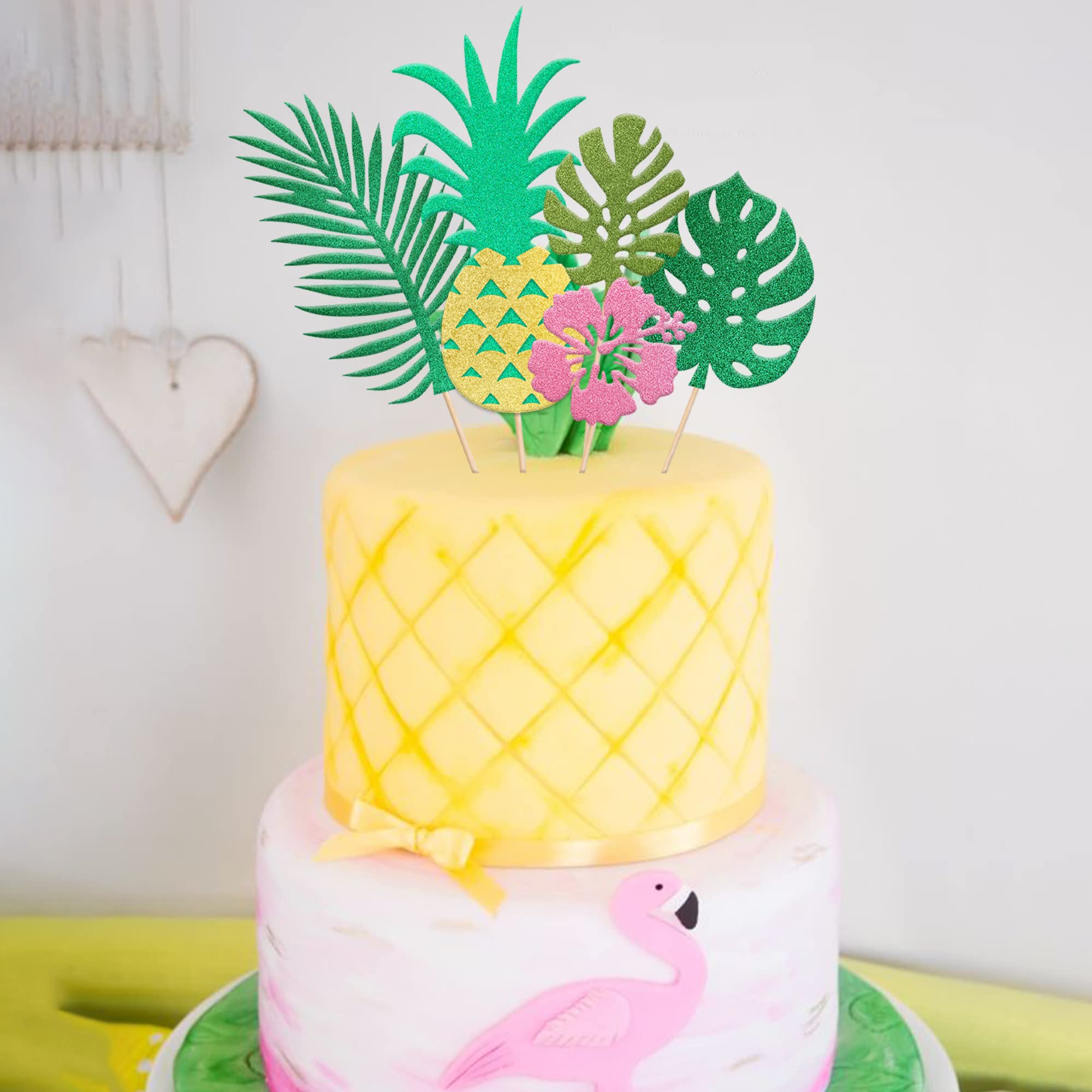 5 PCS Tropical Cake Toppers - Glitter Flower Pineapple Cake Picks with Greenery Palm Leaf Decor for Summer, Hawaii Luau, Baby Shower & Birthday Parties - Perfect for Beach Themed Celebrations and Tropical Dessert Displays