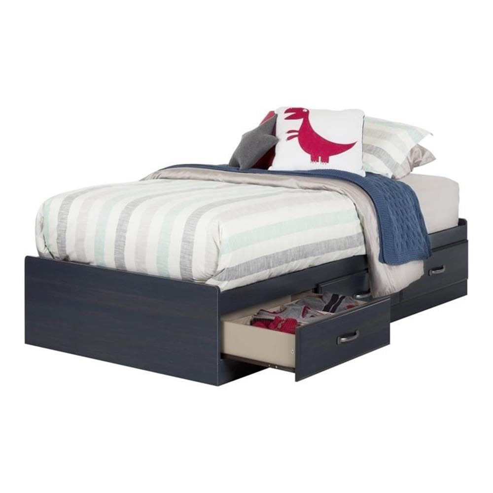 Rosebery Twin Size Kids Platform Bed with 3 Underbed Drawers - Solid Wood Slat Support, No Box Spring Needed - Navy Blue - Perfect for Small Bedrooms & Space-Saving Kids' Rooms