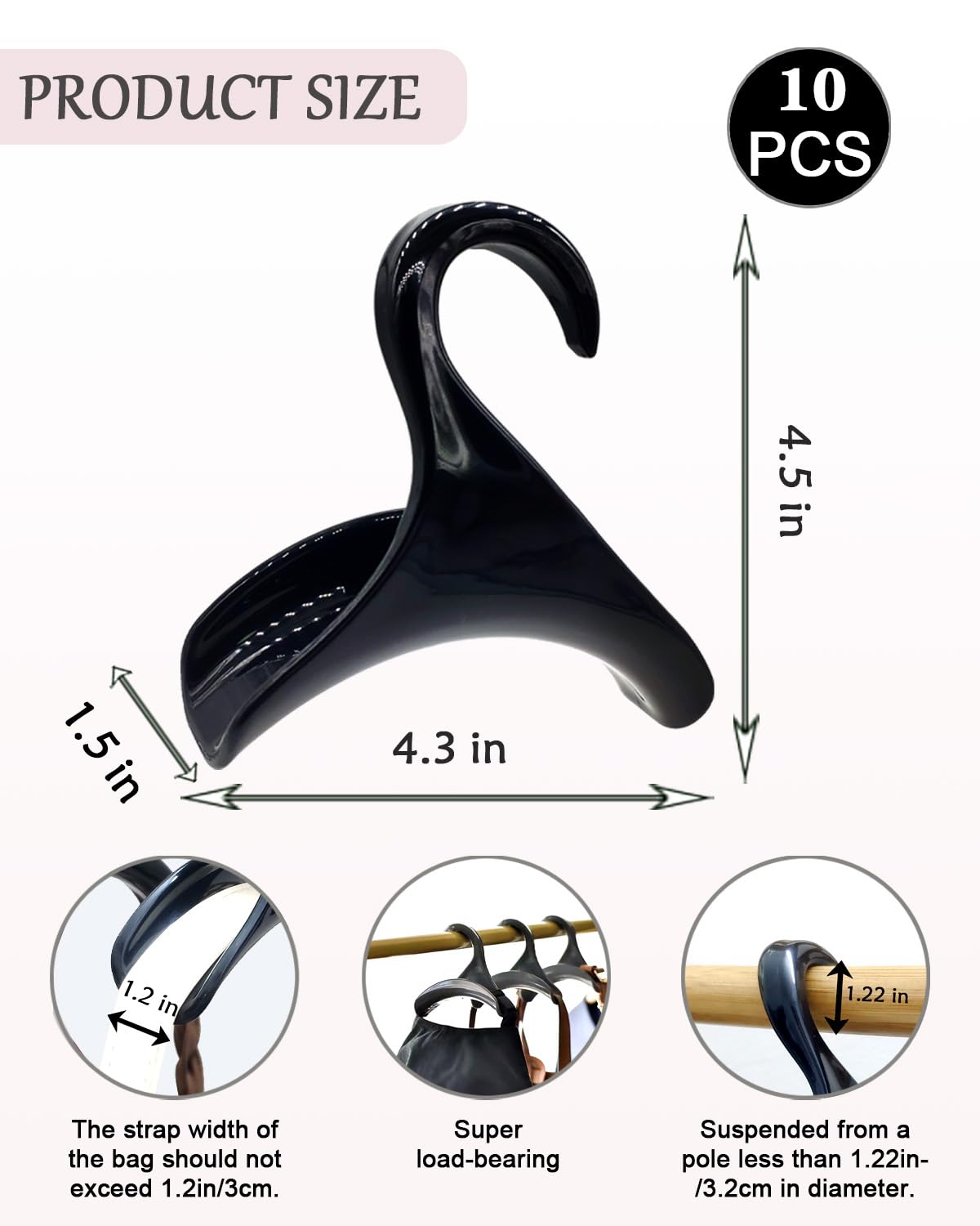 10 Pack Black Bag Hanger Hook - Purse Holder for Closet Organizer, Storage Solution for Purses, Tote Bags, Backpacks & Handbags - Perfect for Bedroom, Bathroom & Office Organization
