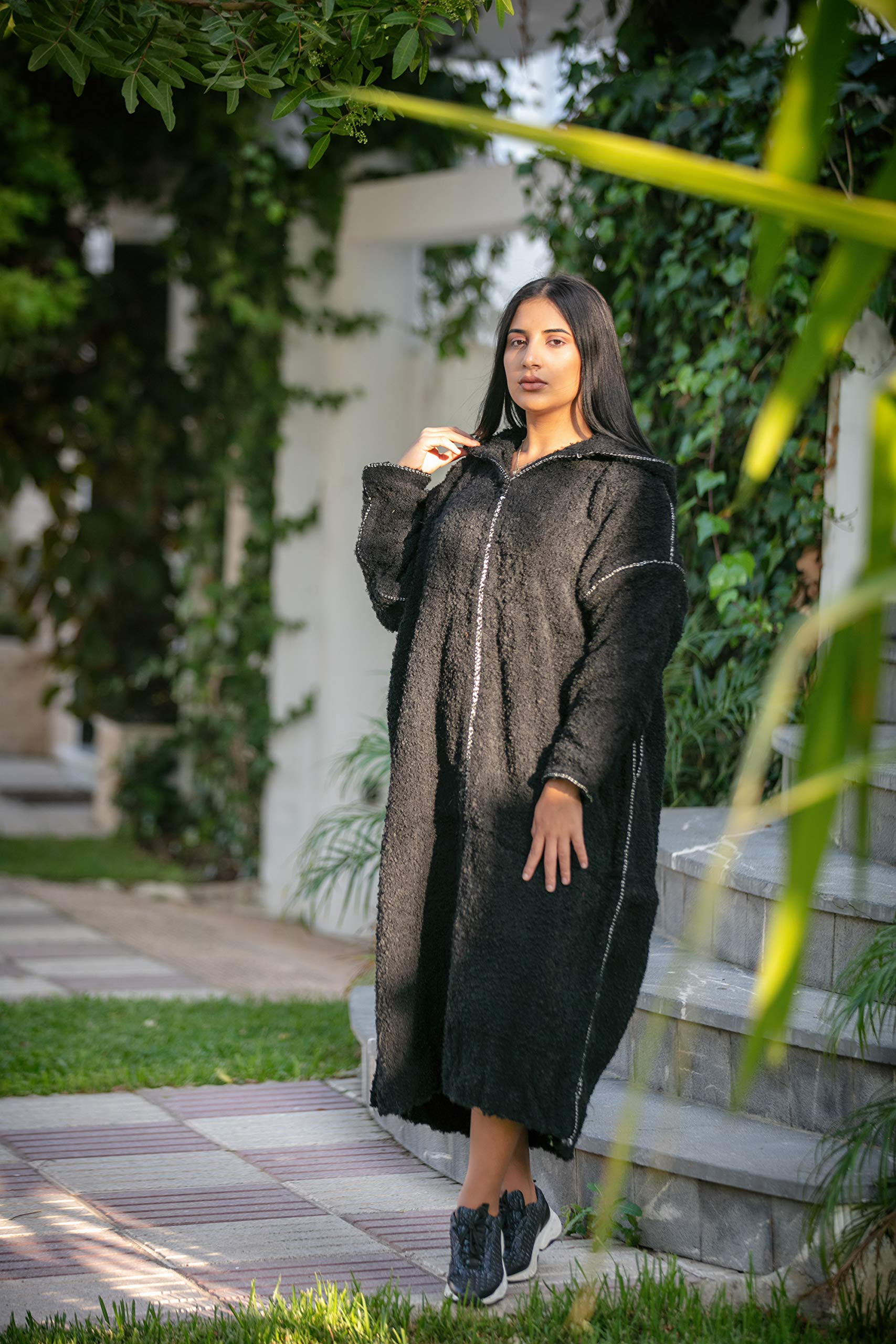 HibArt - Women's Handmade Boho Striped Djellaba Sweater Coat Hoodie Caftan - Wool Long Winter Dress for Women (XS, Black) - Perfect for Casual Outings, Festivals & Cold Weather Layering