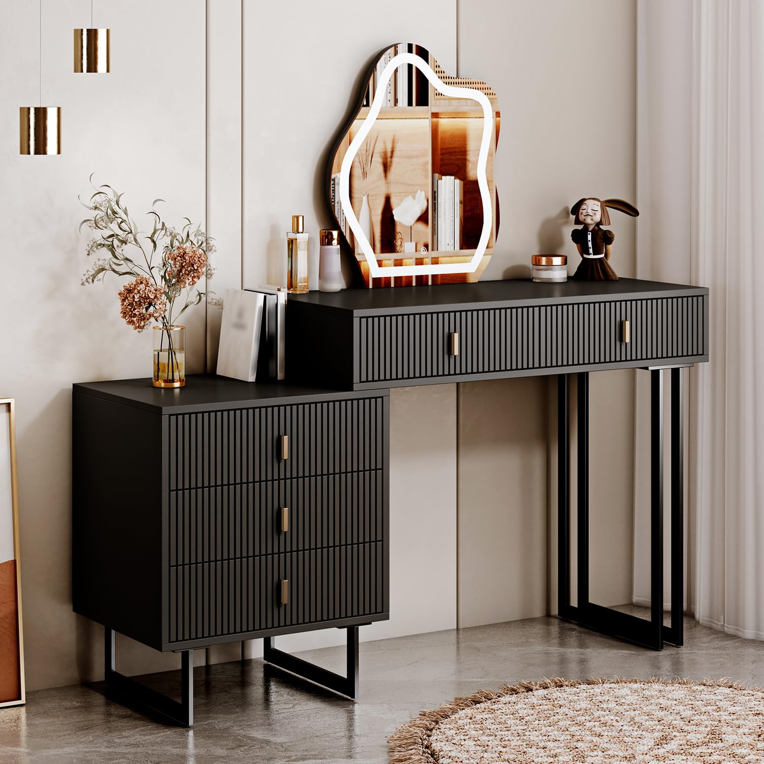 Modern Black Vanity Desk with Mirror & Lights - 5 Drawers Makeup Table for Bedroom & Dressing Room