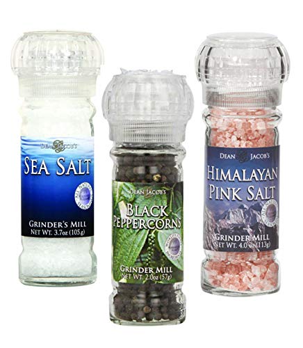 Premium Salt and Pepper Grinder Set - 2 Salt Mills & 1 Pepper Mill with Black Peppercorns (2.0 oz), Sea Salt (3.7 oz) & Himalayan Pink Salt (4.0 oz) - Elegant Dining Accessories for Kitchen, Restaurant & Table Setting