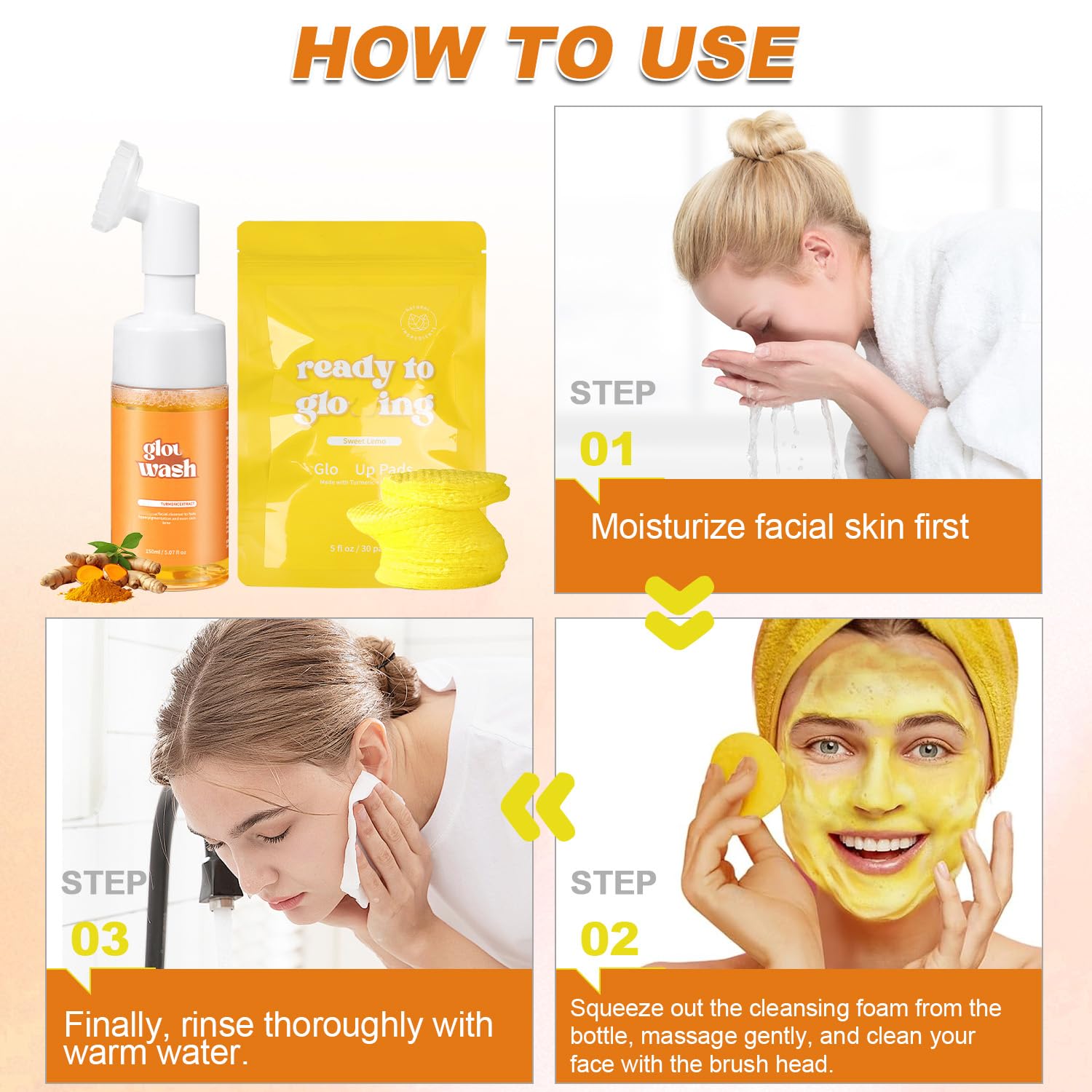 Glo Up Turmeric Face Wash & Exfoliating Pads Set with Brush - Kojic Acid & Turmeric Facial Cleanser for Deep Skin Cleansing - Brightening, Acne Treatment, Dark Spot Removal - Perfect for Daily Skincare Routine & Travel
