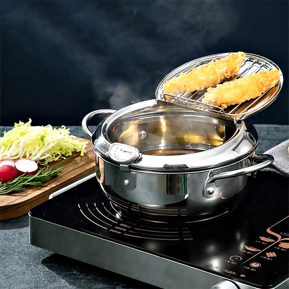 Premium Emilio Stainless Steel Deep Fry Pot - 5QT Heavy Duty Frying Pan with Lid for Home & Restaurant Use - Perfect for Chicken, Fish, French Fries & Donuts