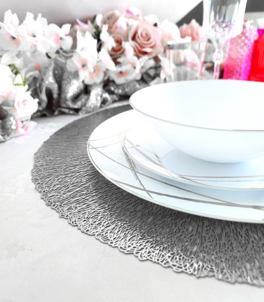120-Piece Metallic Vinyl Placemats Set - Round Pressed Wedding Table Decor in Reef & Silver | Elegant Dining, Party Centerpiece, Holiday Table Setting