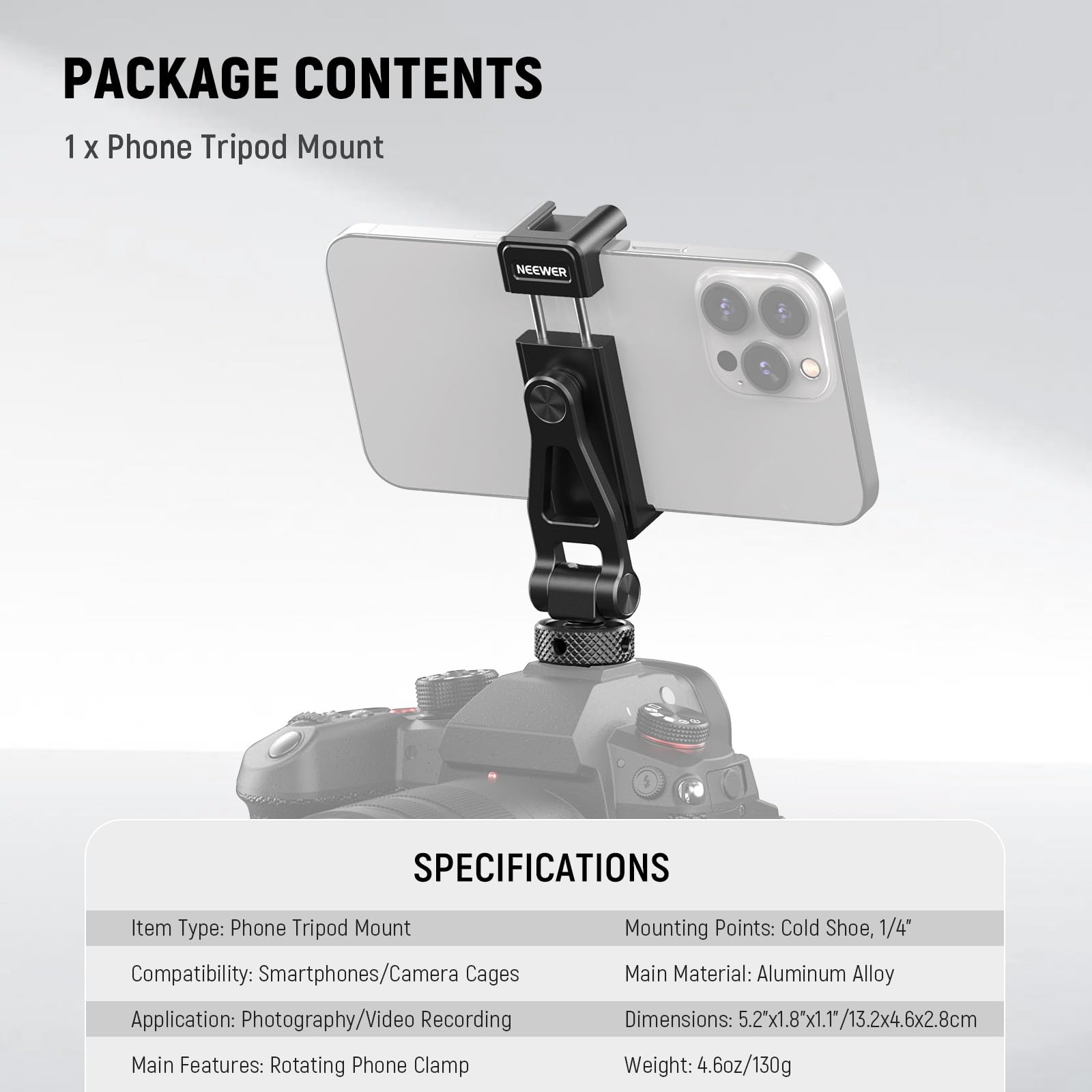 Neewer Adjustable Metal Phone Tripod Mount with Cold Shoe & 1/4