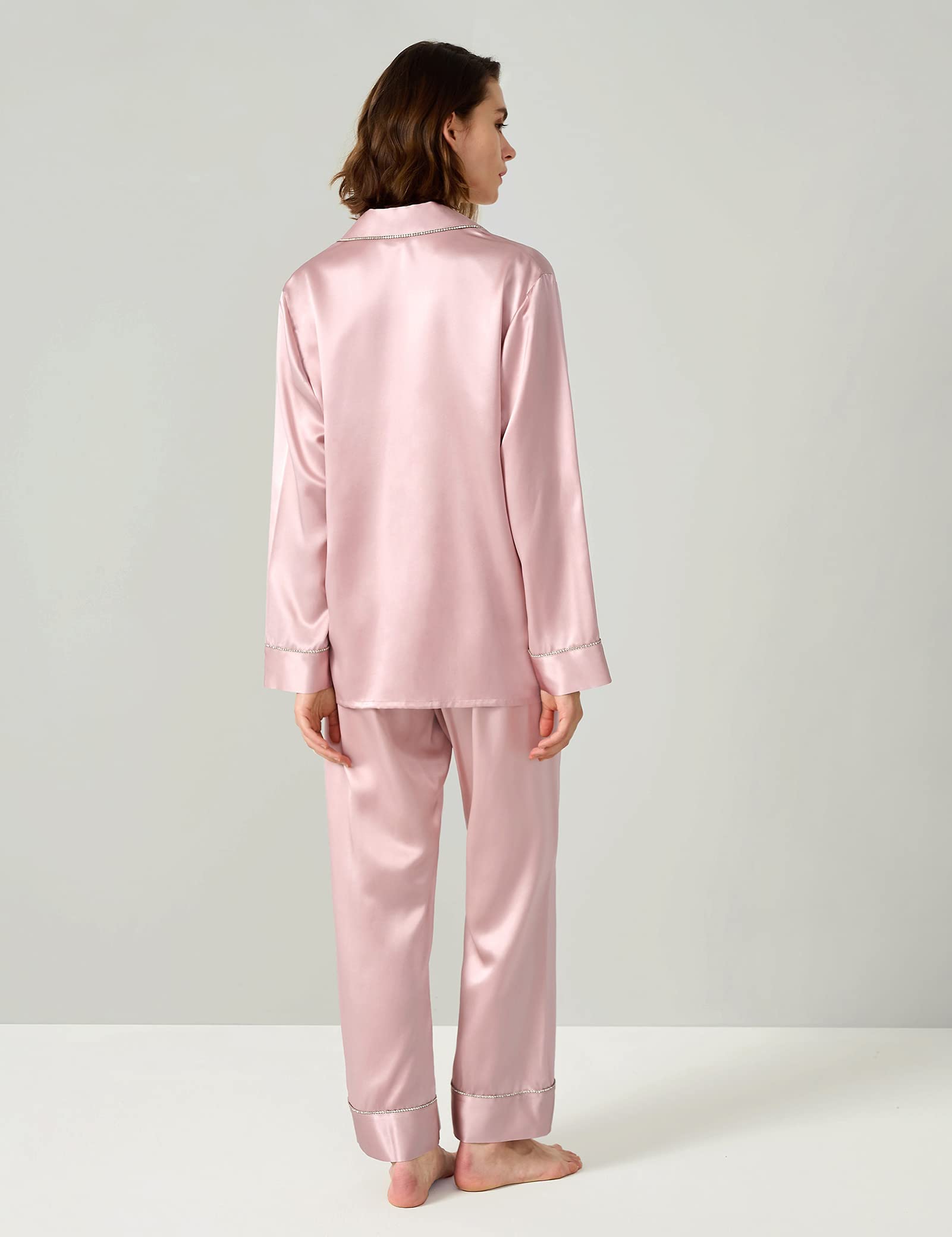 LilySilk Women's 100% Pure Silk Pajama Set with Rhinestone Trim - Long Sleeve Button Down Sleepwear & Loungewear for Luxury Comfort at Home or Travel