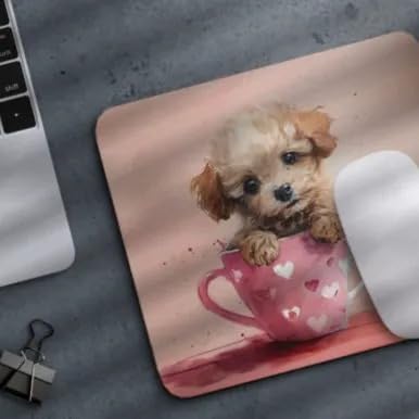 Non-Slip Rubber Mouse Pad with Adorable Poodle & Flowers Design - Perfect for Home Office, Gaming, Work Desk, Computer & Laptop Use - Ideal Gift for Dog Lovers (Cute Baby Poodle in Cup Design) - Great for Daily Work, Online Meetings & PC Gaming Sessions