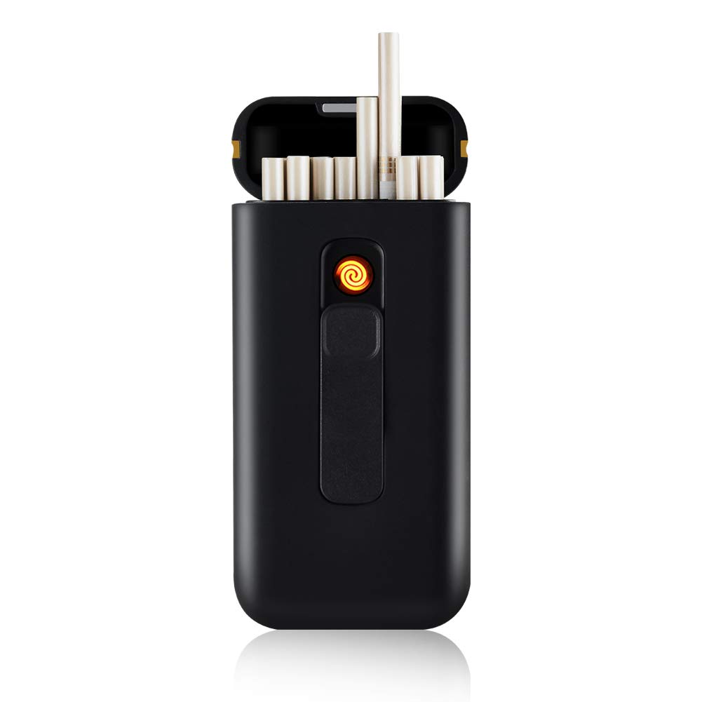 Rechargeable USB Flameless Windproof Electric Lighter & 20-Pack Slim Cigarette Case - Portable 2-in-1 Design for Travel, Camping, and Outdoor Smoking Accessories (Black)