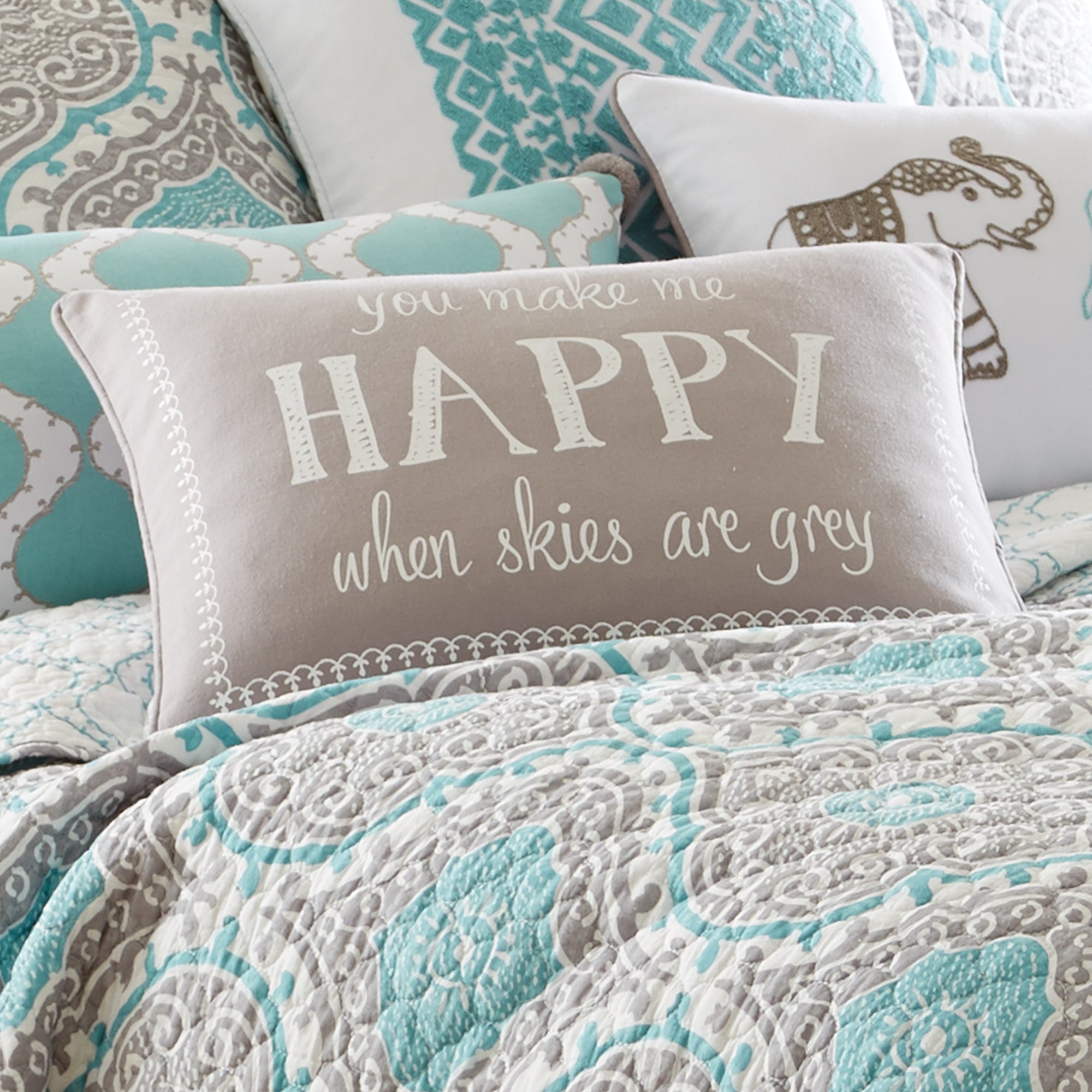 Gramercy Teal Happy Pillow - Soft & Comfortable Decorative Throw Pillow for Couch, Bed, Sofa - Perfect for Home Decor, Living Room, Bedroom, and Office
