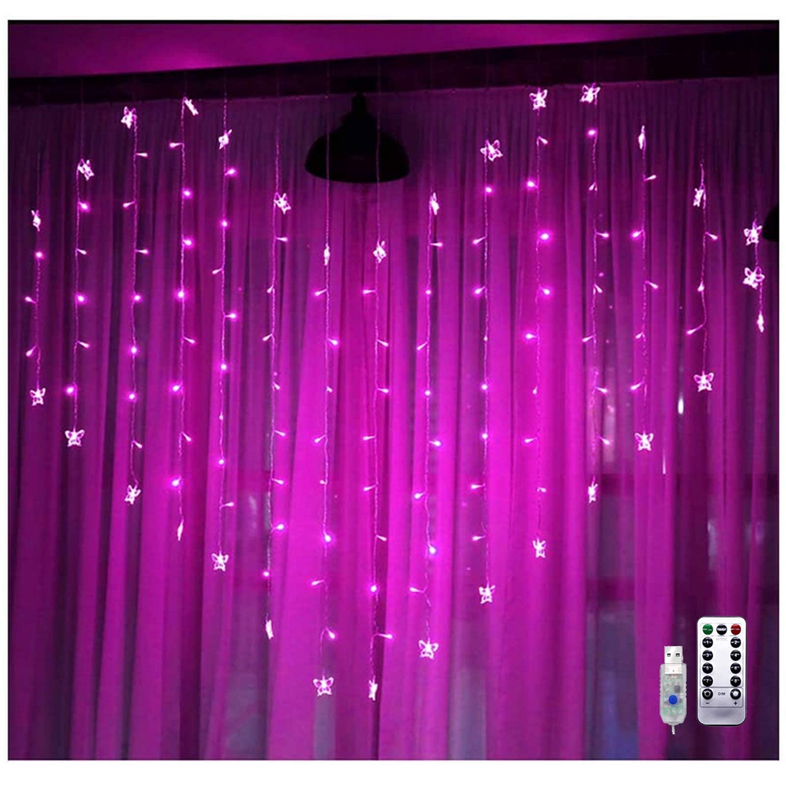 Heart Shaped Butterfly Curtain Lights - 128 LEDs, 8 Modes, Remote Control | Perfect for Bedroom, Wedding & Party Decor
