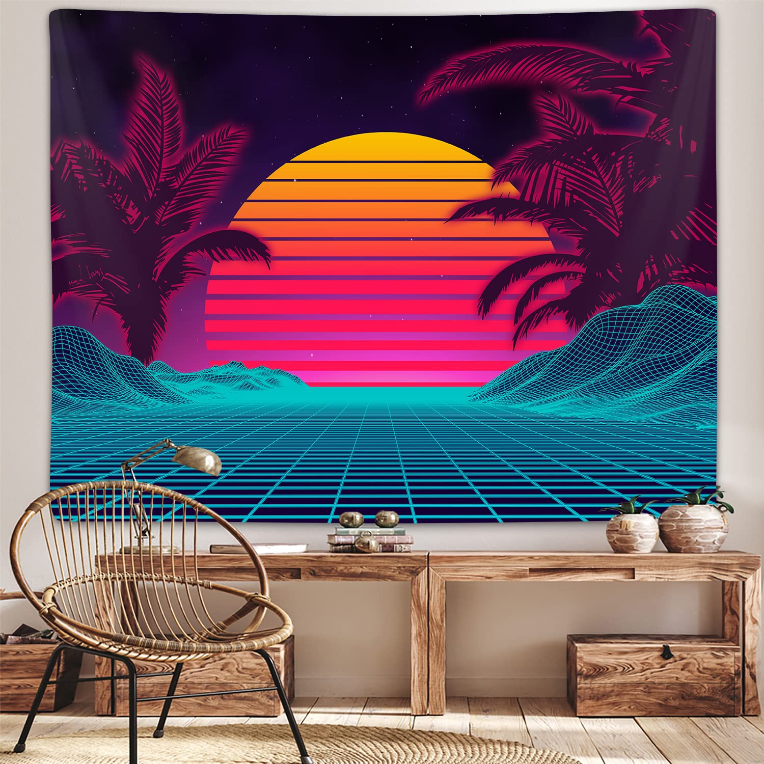 Retro Neon Vaporwave Tapestry Wall Hanging - 60x40 Inch Trippy Mountain Sun Art Decor for Bedroom, Dorm, Living Room & Office - 70s 80s Aesthetic Party Poster Blanket - Perfect for Hippie Boho Room Decor & Music Festival Themed Spaces