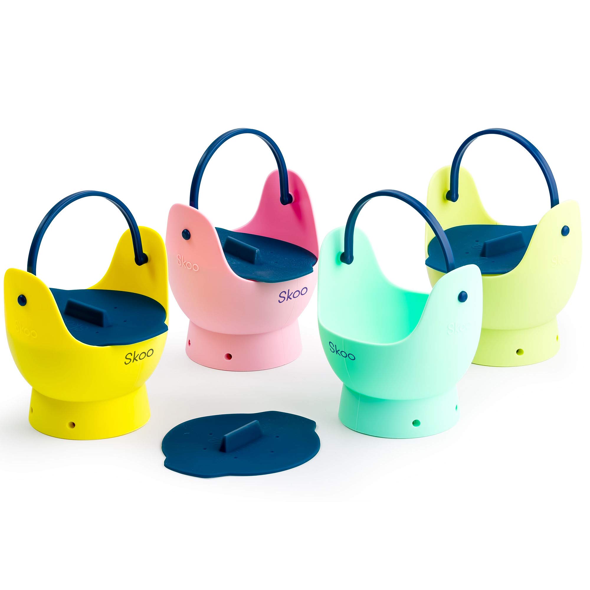 Skoo Silicone Egg Poacher Cups with Lids - 4-Piece Egg Cooker Set for Perfect Poached Eggs - Stovetop, Microwave & Instant Pot Safe - BPA-Free (Green, Red, Yellow, Turquoise, Dark Blue) - Ideal for Breakfast Meal Prep, Keto Diet & Healthy Cooking