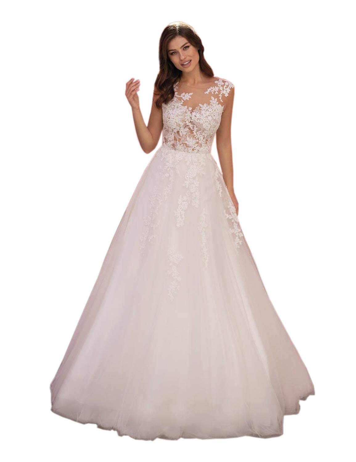Elegant Beach Bridal Dresses for Women - Long Illusion Lace Appliques Wedding Gowns with Train - Custom Made White Wedding Dress - Perfect for Beach Weddings, Destination Ceremonies & Romantic Photos