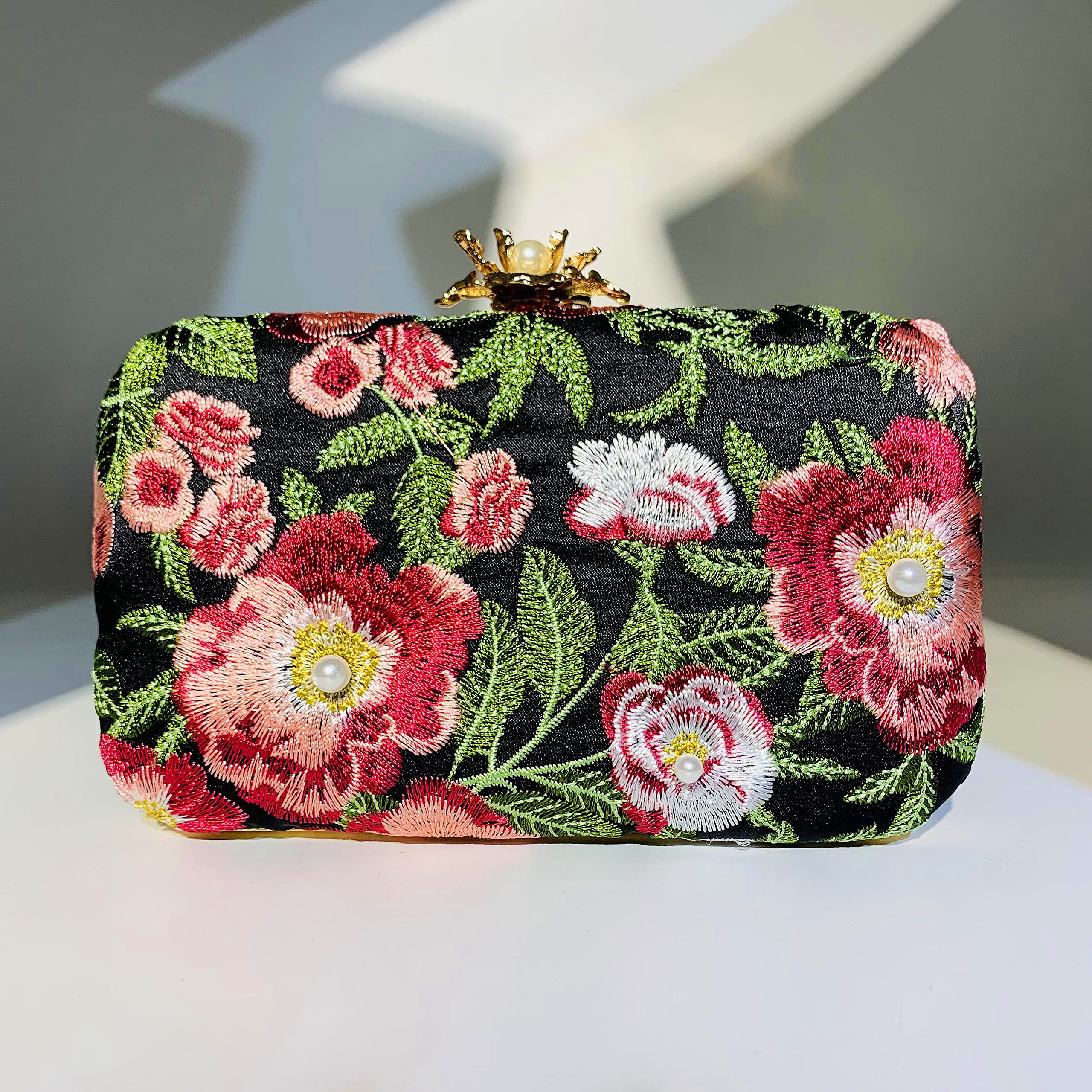 JIAJIA 4386 Women's Satin Embroidery Handbag - Elegant Envelope Clutch Purse with Pearl & Flower Design for Wedding, Party & Evening Events | Perfect as Bridal Accessory, Prom Bag or Special Occasion Gift