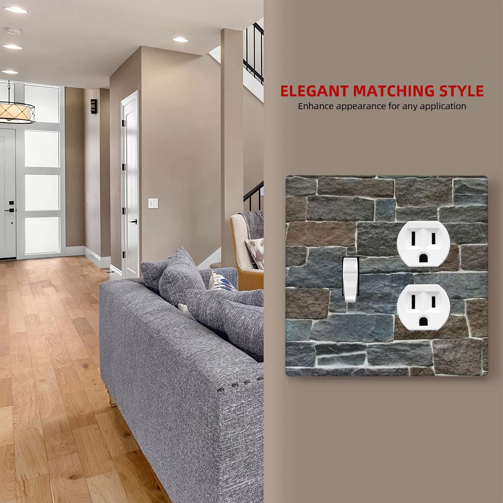 Farmhouse Style Stone Texture 2 Gang Toggle Duplex Outlet Wall Plate - Decorative Light Switch Cover for Living Room, Bedroom, Bathroom & Laundry Room - Durable Electrical Accessory with Combination Design