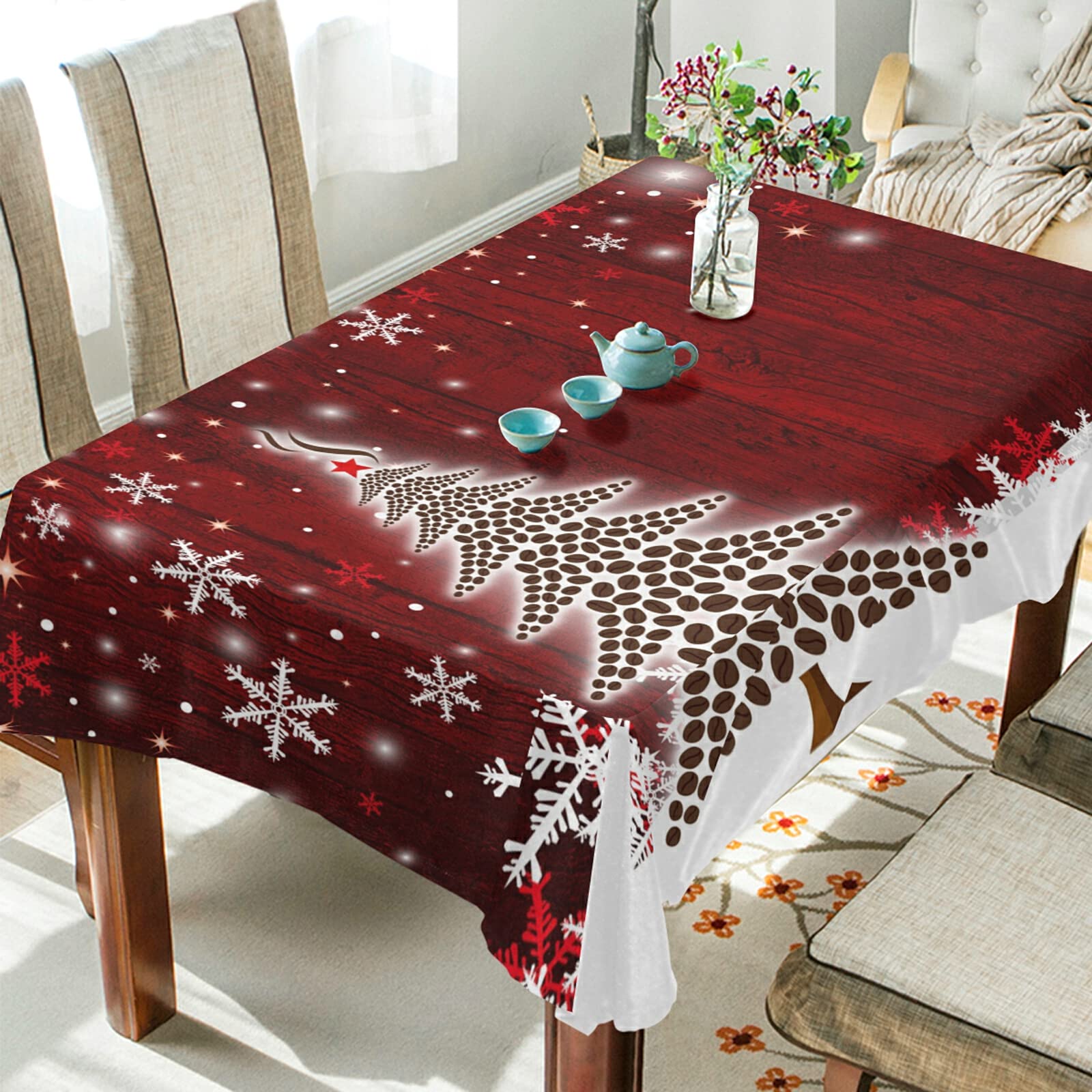 60 Inch Rectangle Polyester Tablecloth - Wood Grain Snowflakes Design with Coffee Beans for Christmas Party Decor, Holiday Dinner Table Setting & Home Decoration
