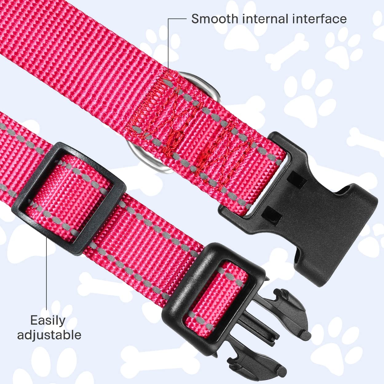 Reflective Nylon Dog Collar for Small Puppies - Adjustable Quick Release Buckle - Pink 5/8