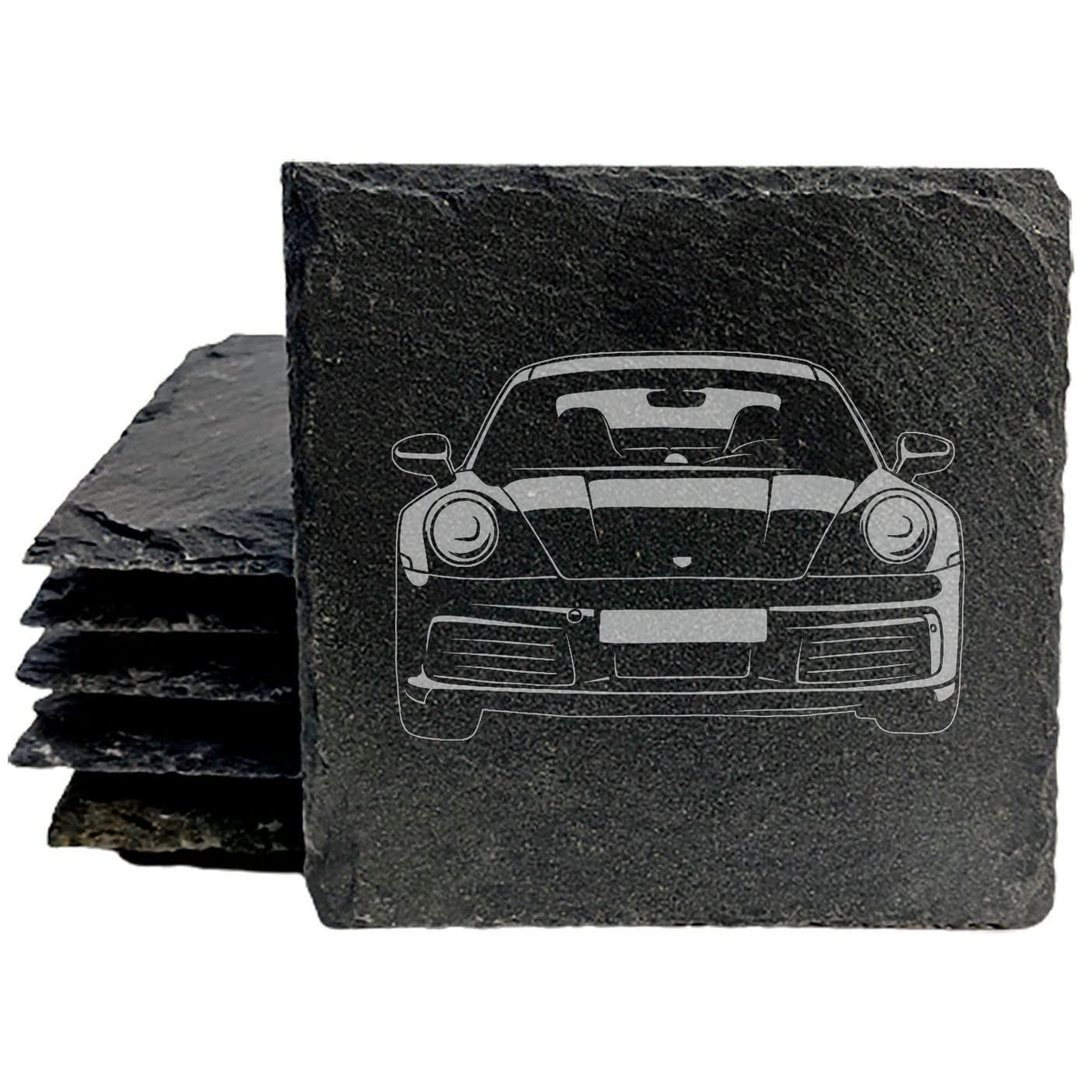 Premium Slate Coasters Set with Laser-Etched Porsche 911 Design | Elegant Square Drink Mats for Home, Office & Car Enthusiasts - Set of 4 - Perfect for Coffee Tables, Bars & Automotive Decor