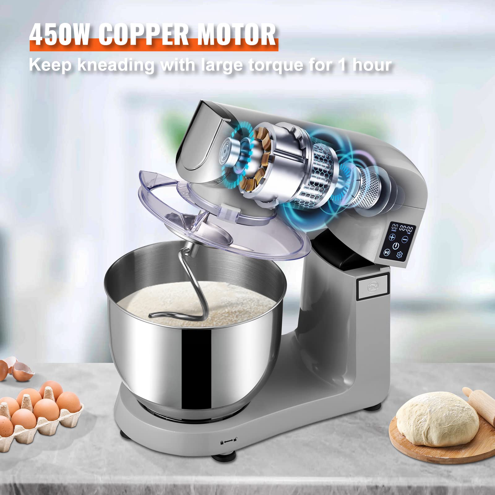 VEVOR 6-in-1 Stand Mixer 450W Tilt-Head Electric Kitchen Mixer with 6 Speeds LCD Timer, 7.4Qt Stainless Steel Bowl - Includes Dough Hook, Flat Beater, Whisk, Scraper, Grinder & Sausage Stuffer - Perfect for Baking, Cooking, Meal Prep & Home Kitchen Use (Gray)